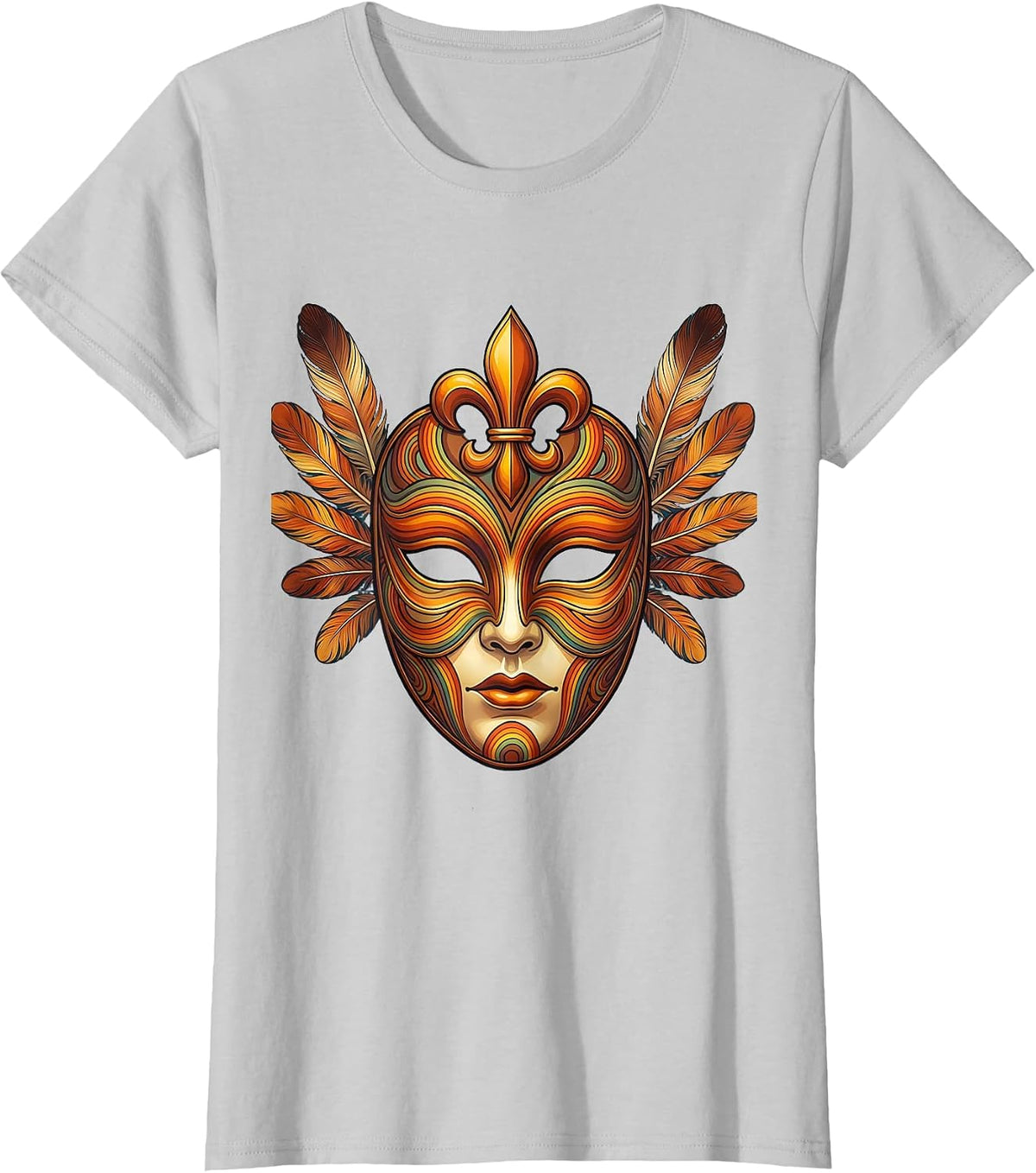 Women's Mardi Gras Ornate Venetian Mask Fleur-de-Lis T-Shirt - Silver Grey