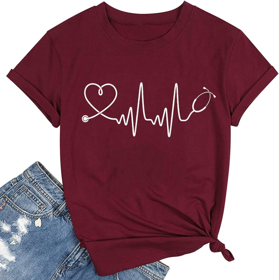 TSIIUO Women's Heartbeat Stethoscope Nurse Life T-Shirt Funny Gifts Nursing Short Sleeve Summer Tees Casual Tops - Red