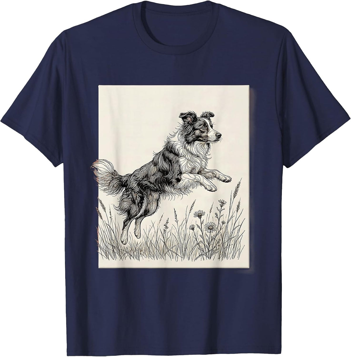 Border Collie Leaping Through Meadow Grass T-Shirt - Navy Blue