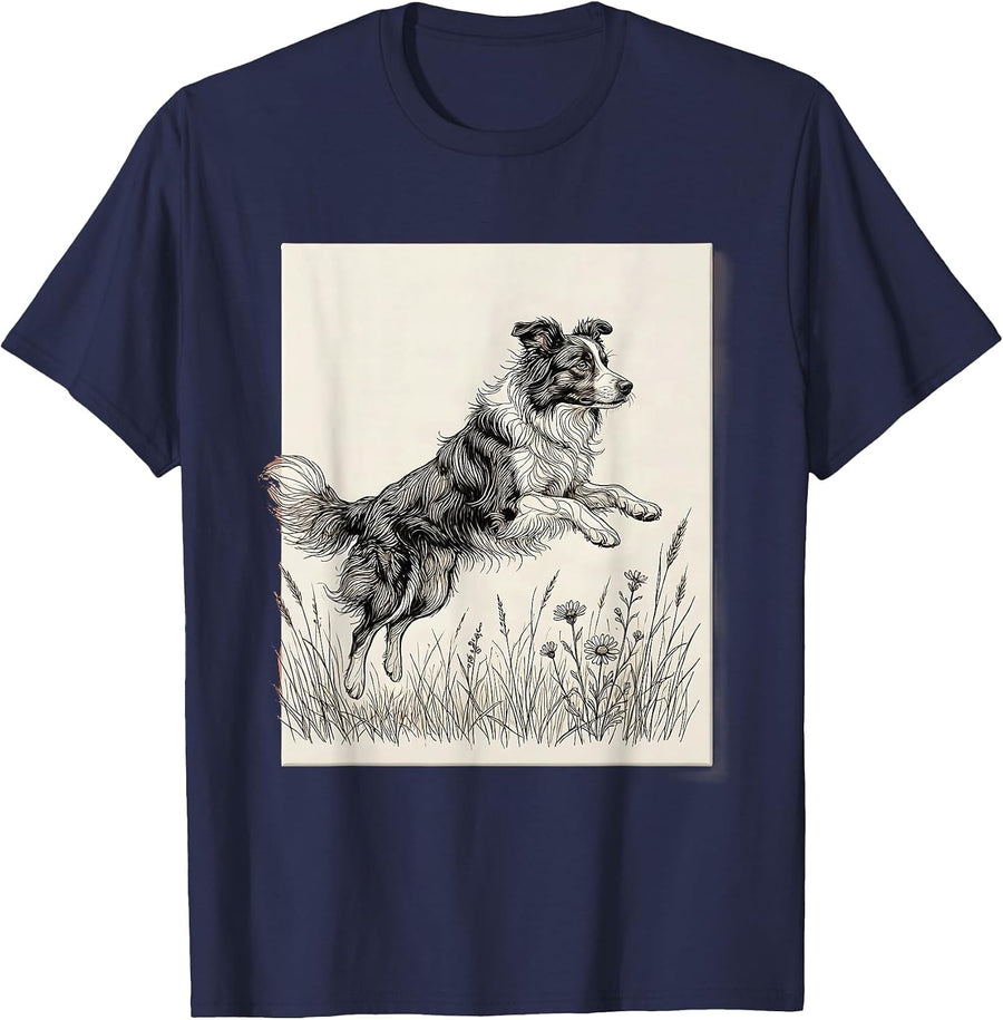 Border Collie Leaping Through Meadow Grass T-Shirt - Navy Blue