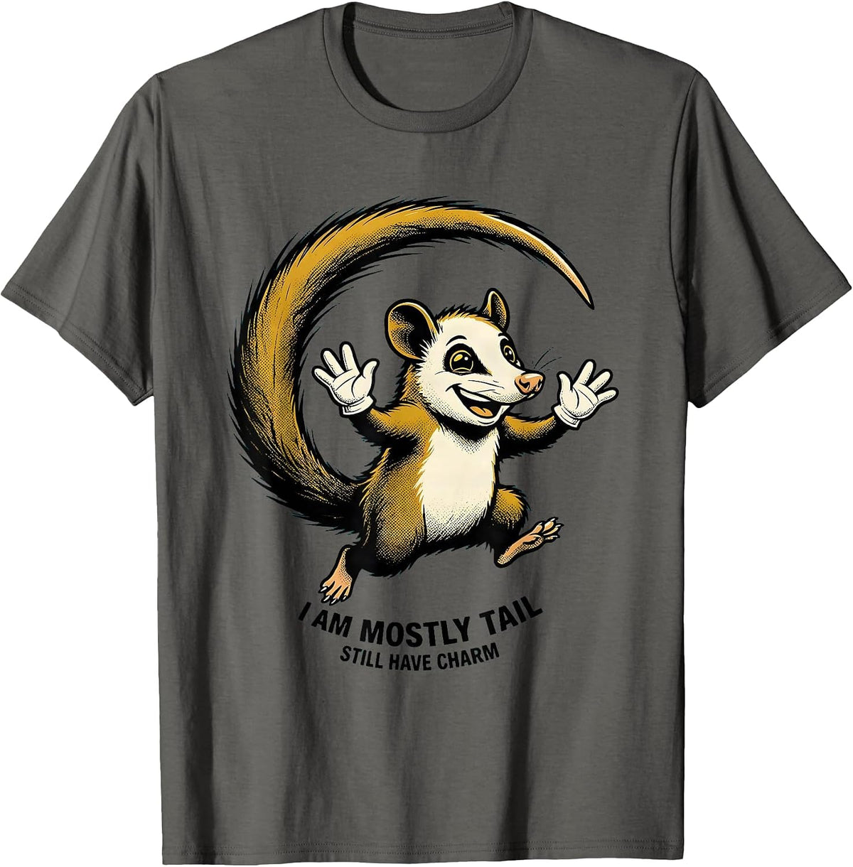 I Am Mostly Tail Still Have Charm Retro Cartoon Opossum Meme T-Shirt - Asphalt Grey