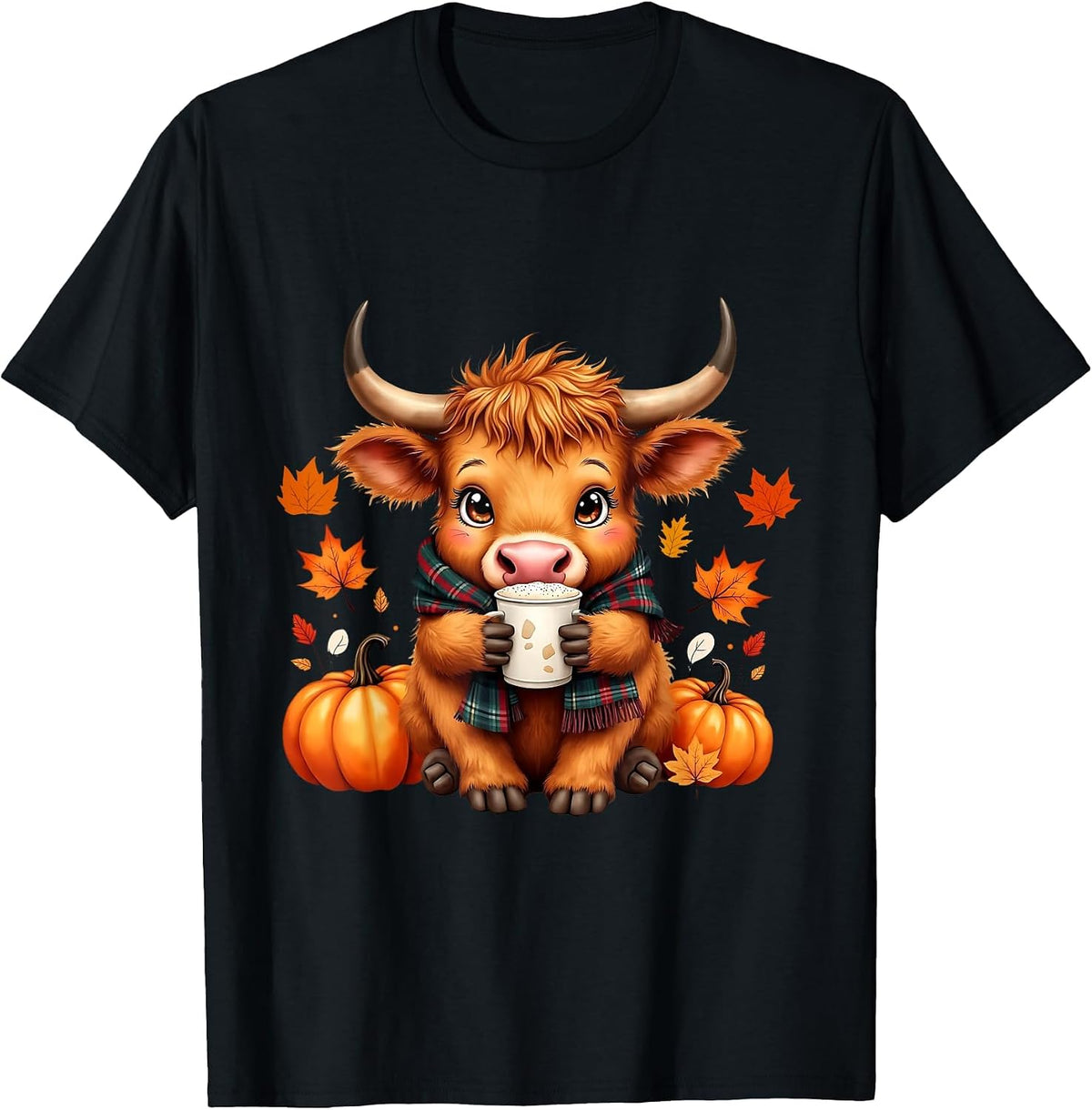 Cute Highland Cow Autumn Pumpkin Fall Coffee Pumpkin Spice T-Shirt - Black