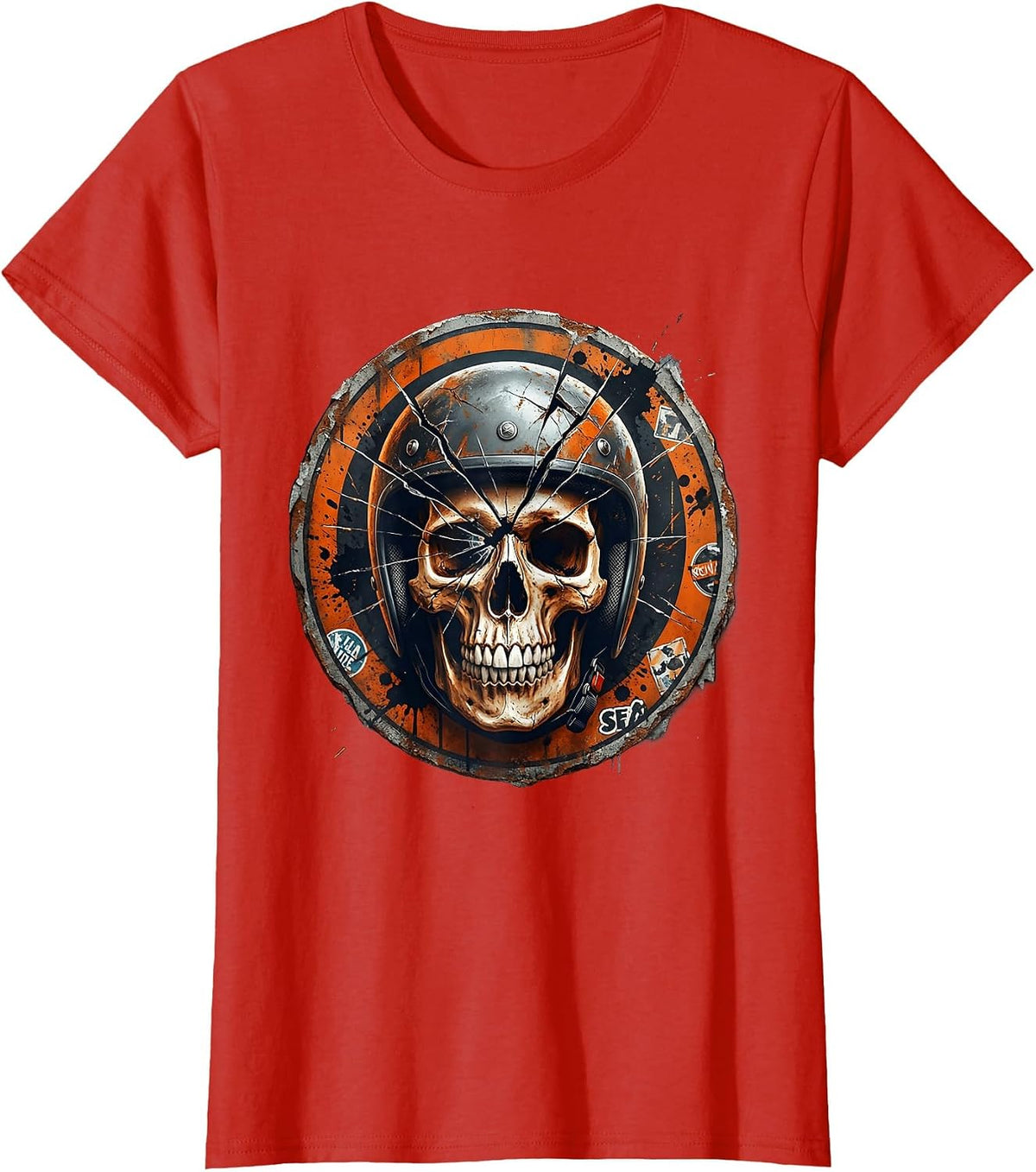 Skull Skater Helmet Cracked Visor Graphic T-Shirt - Red