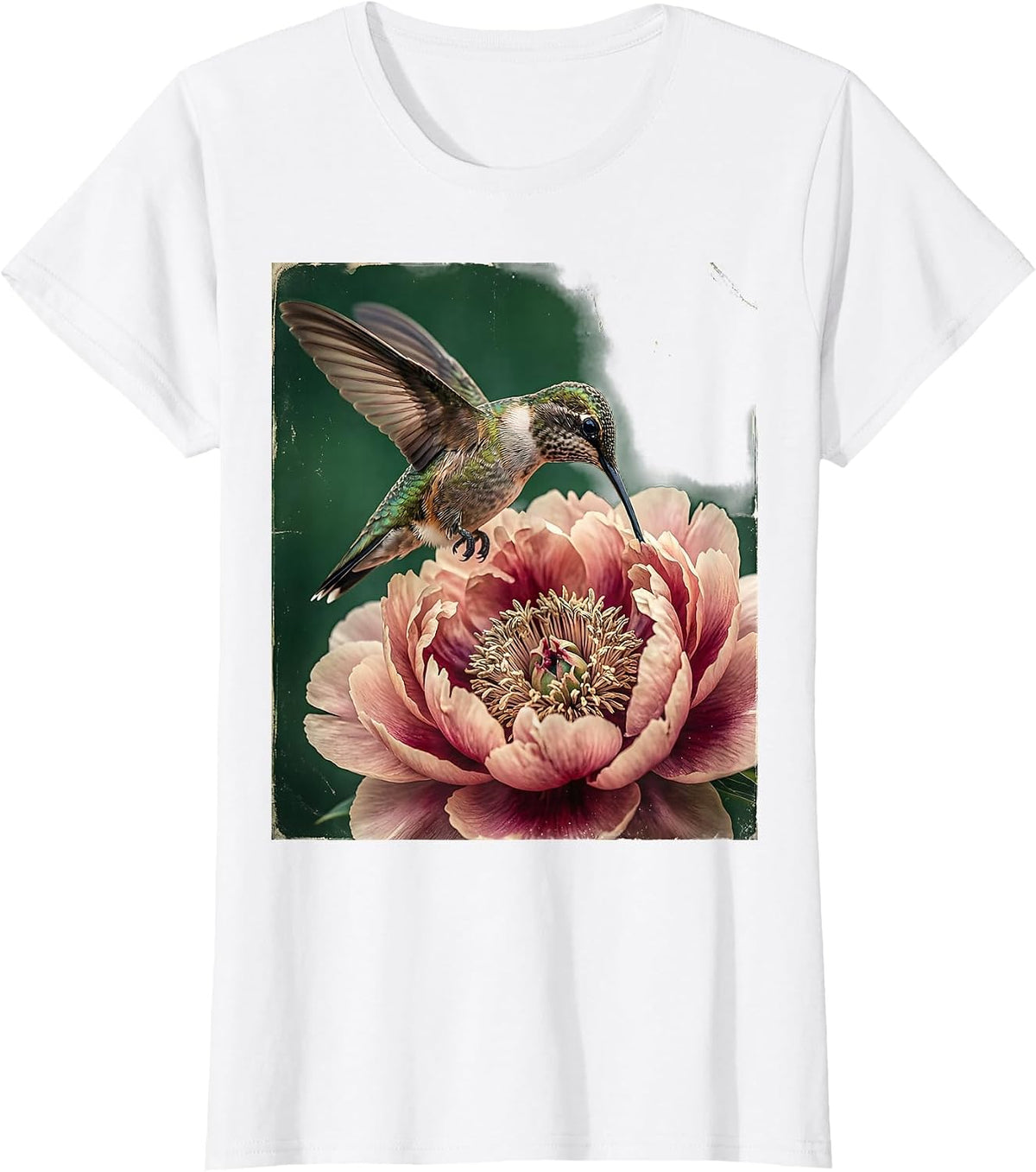 Hummingbird Pink Peony Bloom Floral Art T-Shirt - White