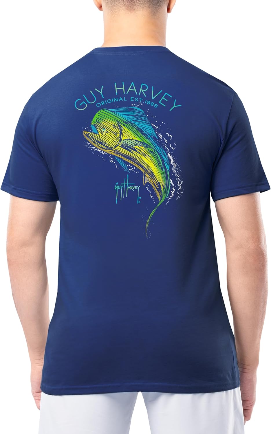 Guy Harvey Men’s Short Sleeve OG Cotton Graphic Pocket T-Shirt - Estate Blue\/Scribble Mahi