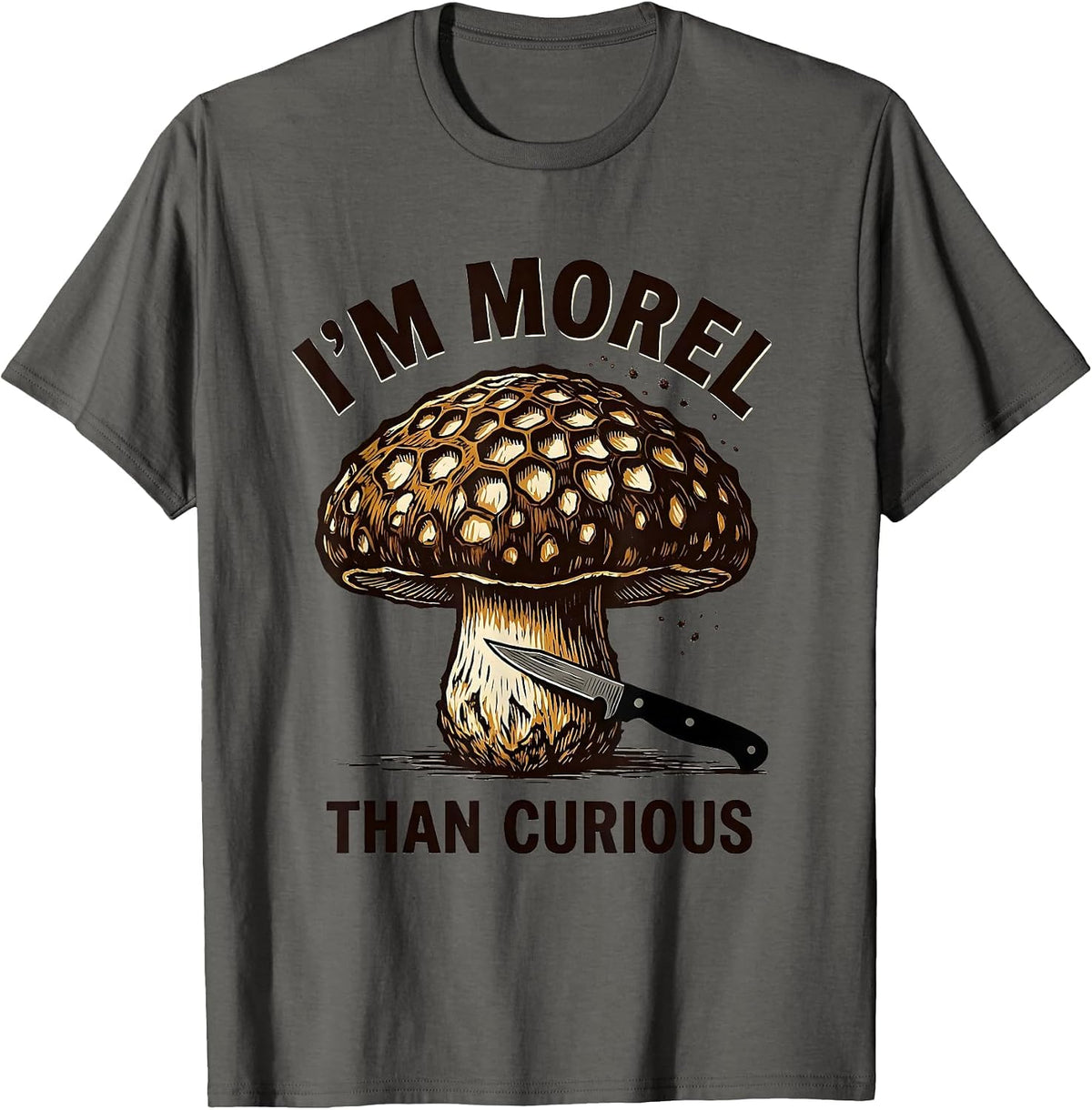 Men's I'm Morel Than Curious Linocut Morel Mushroom Forager Humor T-Shirt - Asphalt Grey