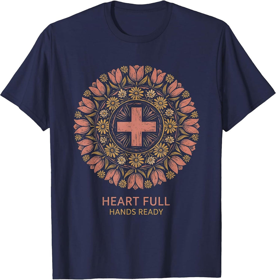 Heart Full Hands Ready School Nurse Design T-Shirt - Navy Blue
