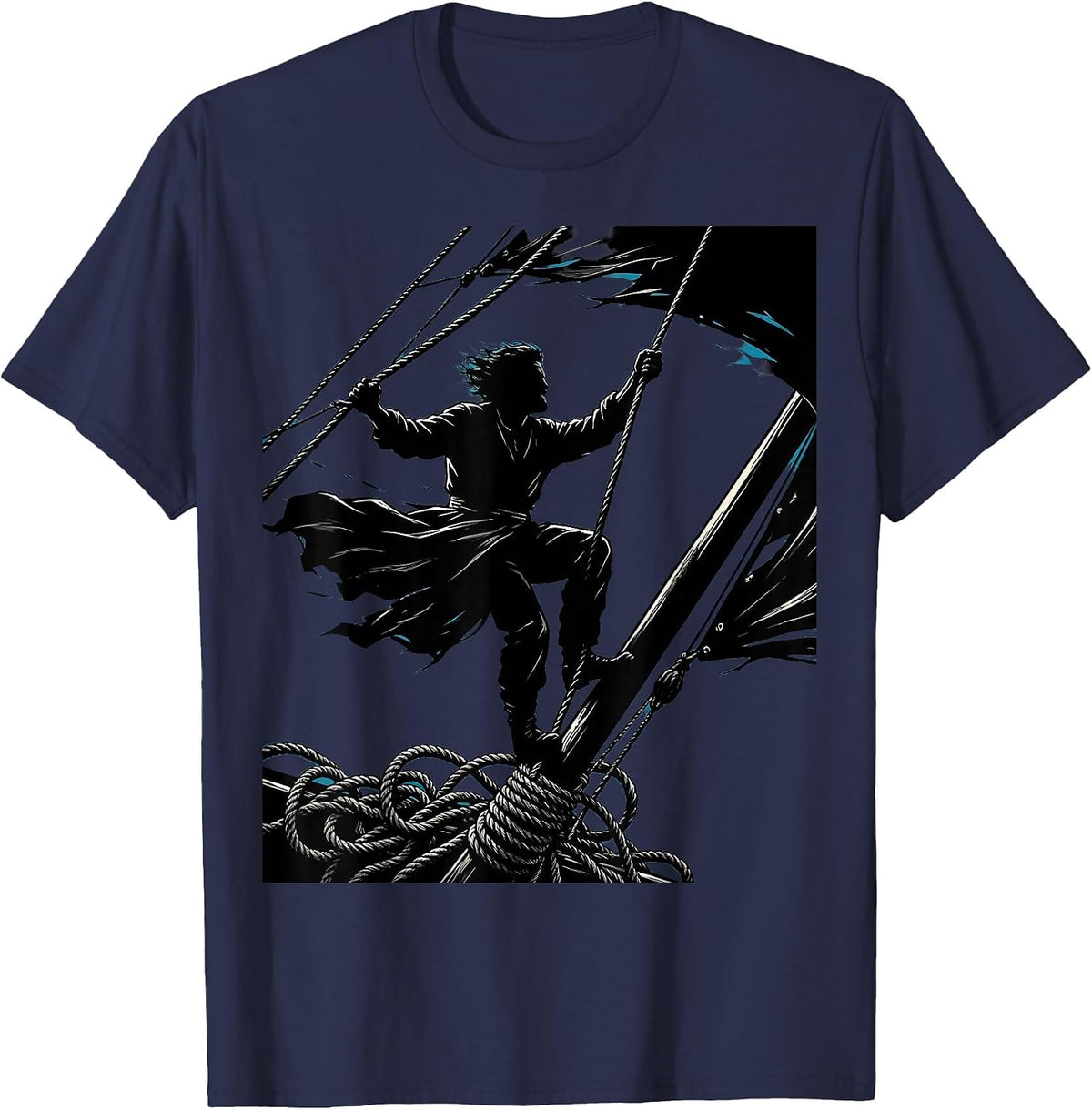 Sailor Climbing Rope Rigging in High Winds T-Shirt - Navy Blue