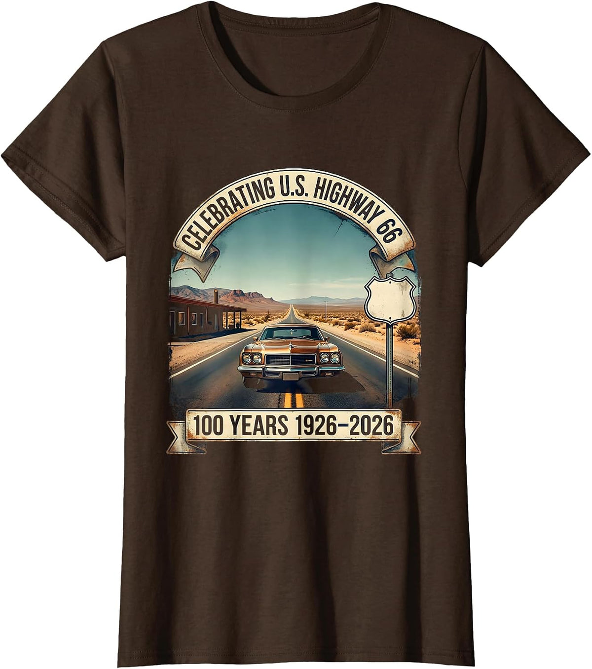 Women's Celebrating U.S. Highway 66 100 Years 1926-2026 Vintage T-Shirt - Brown