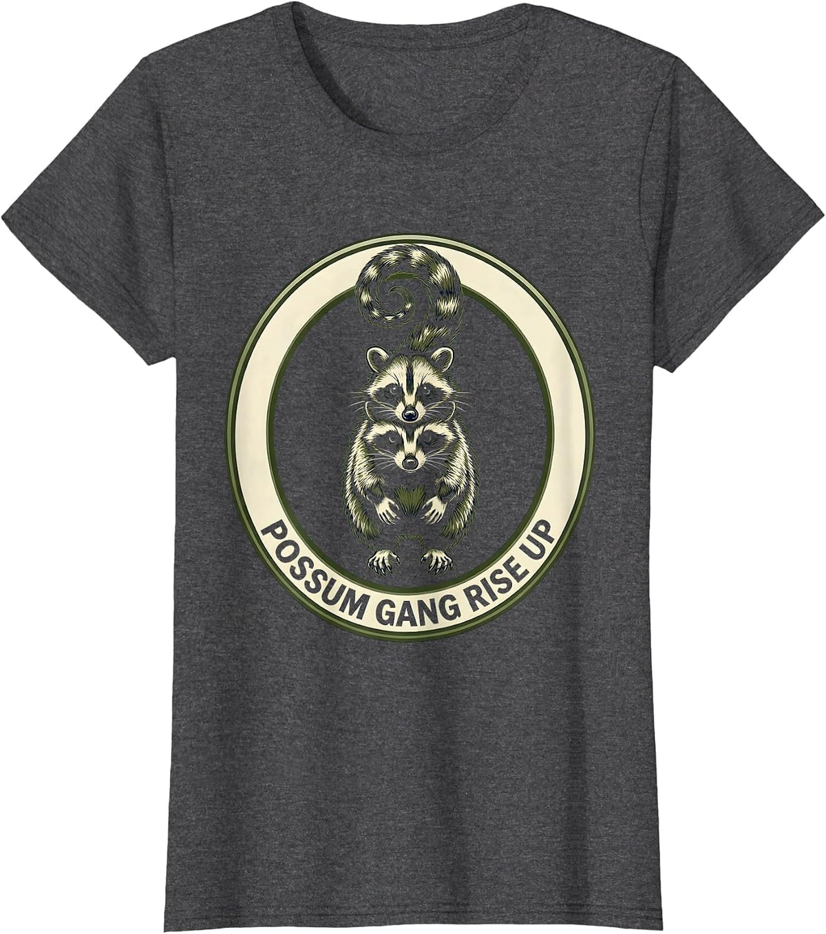 Women's Possum Gang Rise Up Funny Opossum Design T-Shirt - Dark Heather Grey