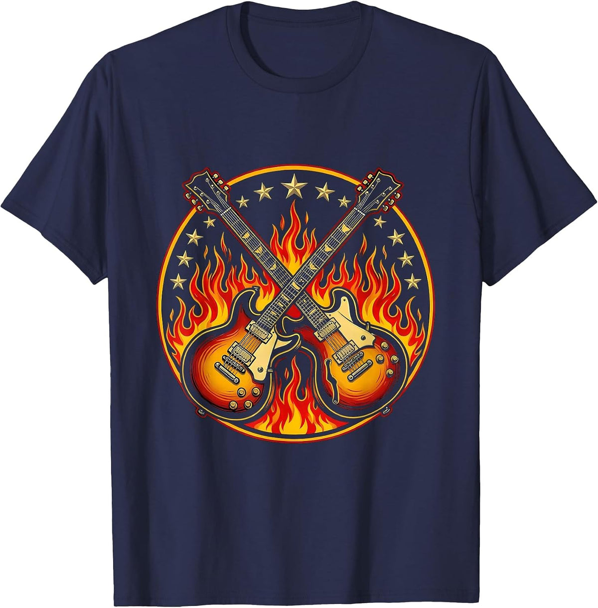 Double-Neck Guitar Flames Stars 80s Rock Design T-Shirt - Navy Blue