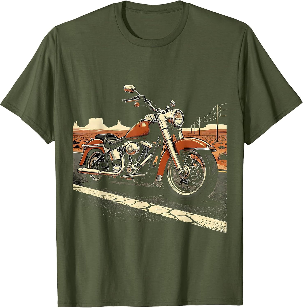 Men's Vintage Motorcycle Route 66 Classic Biker Graphic T-Shirt - Olive Green