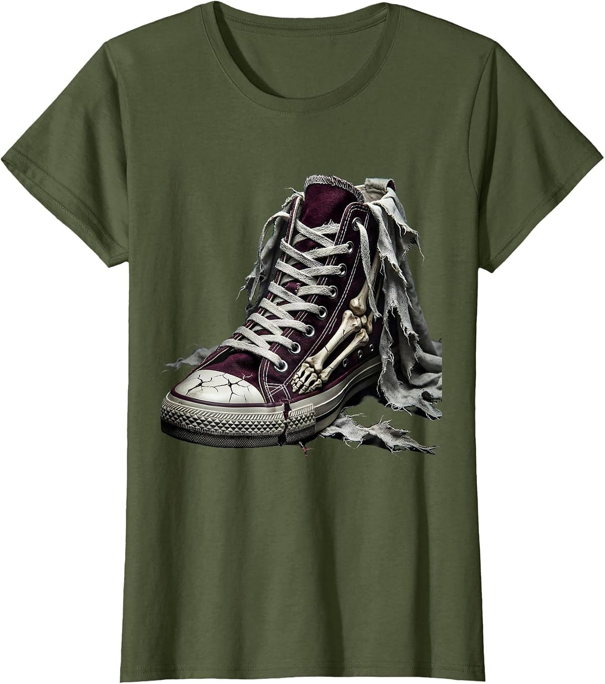 Women's Punk Ripped Sneaker Exposed Toe Bones Graphic T-Shirt - Olive Green