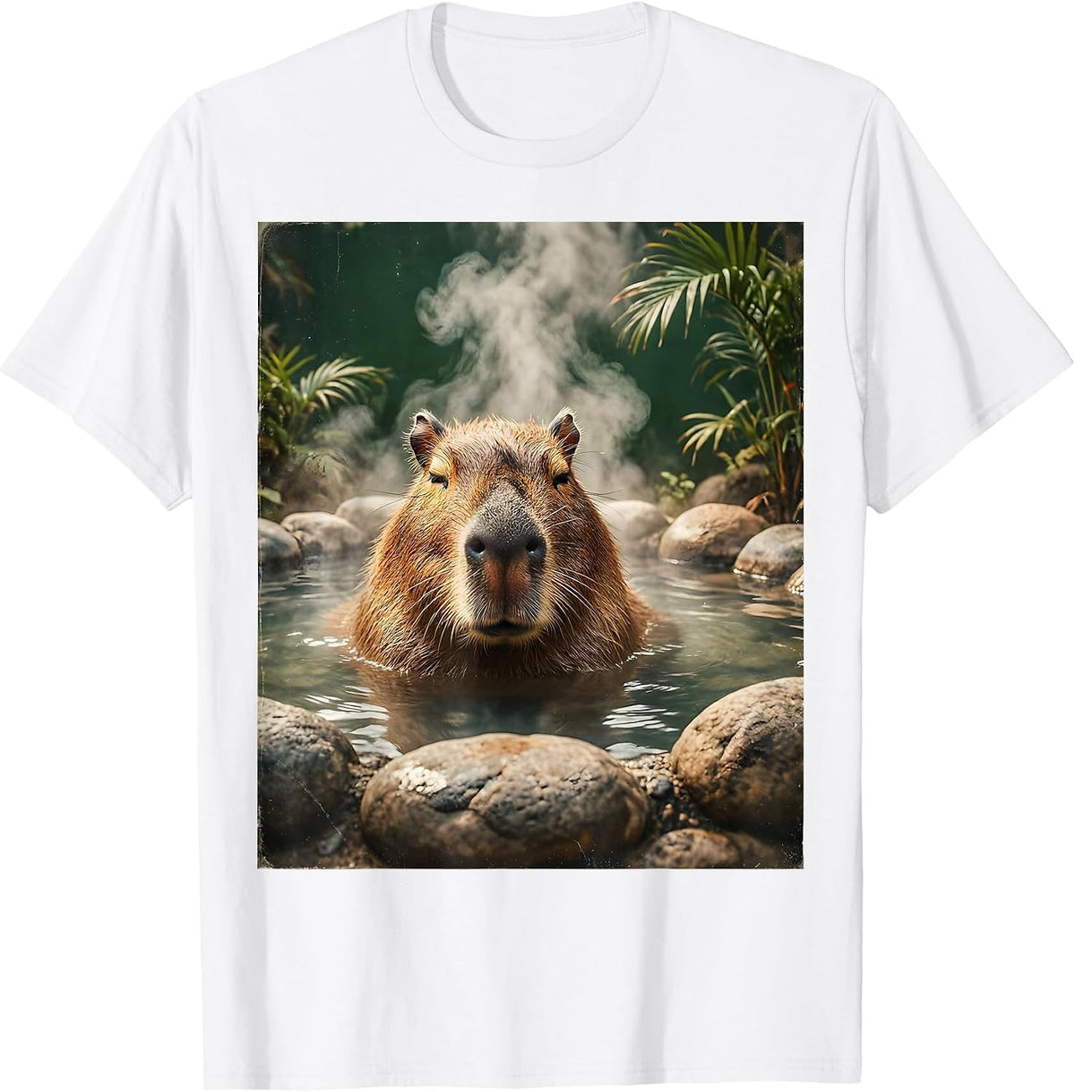 Capybara Hot Spring Soak Relaxing Illustration T-Shirt - White