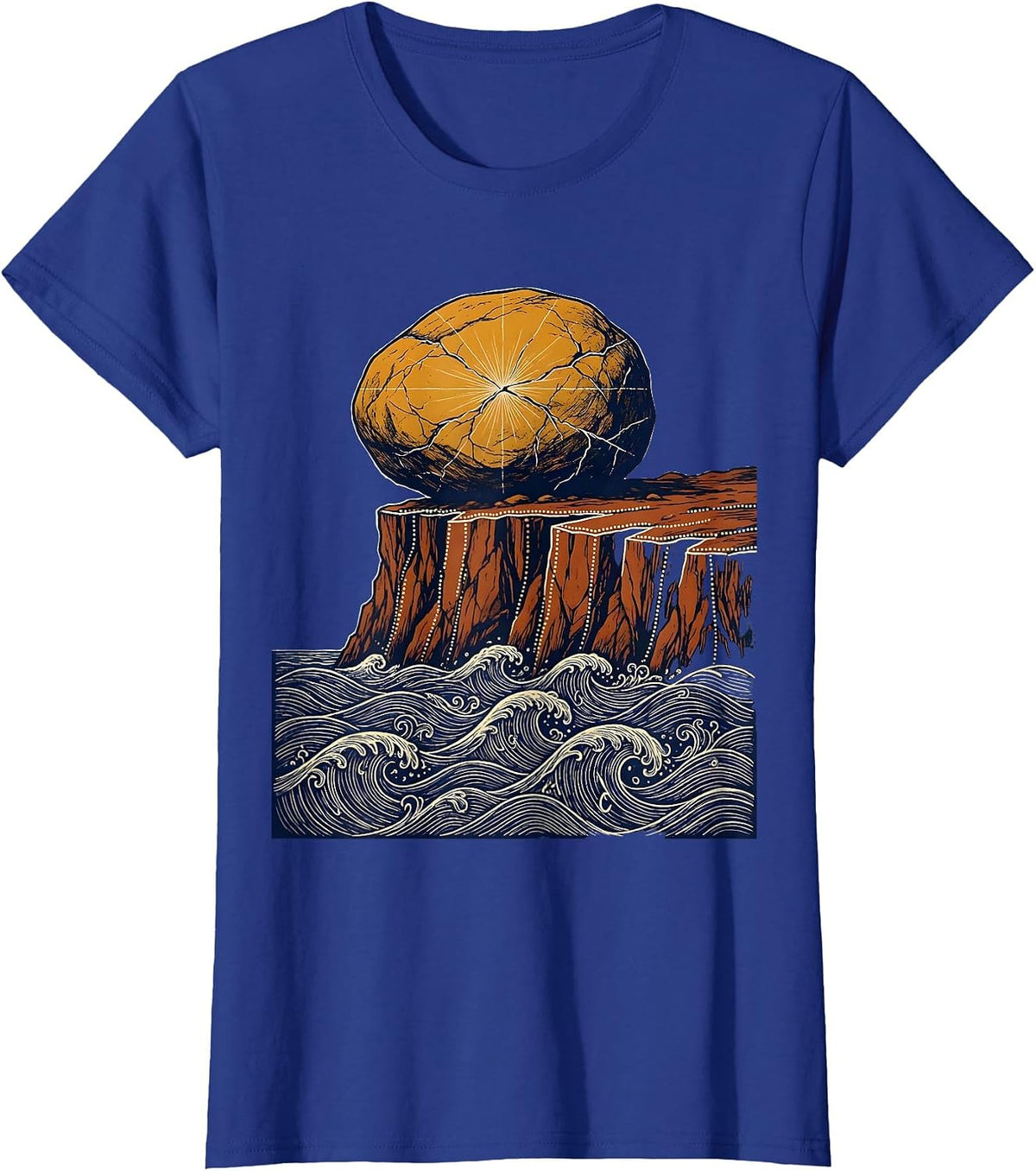Women's Boulder on Cliff Edge Over Crashing Sea T-Shirt - Royal Blue