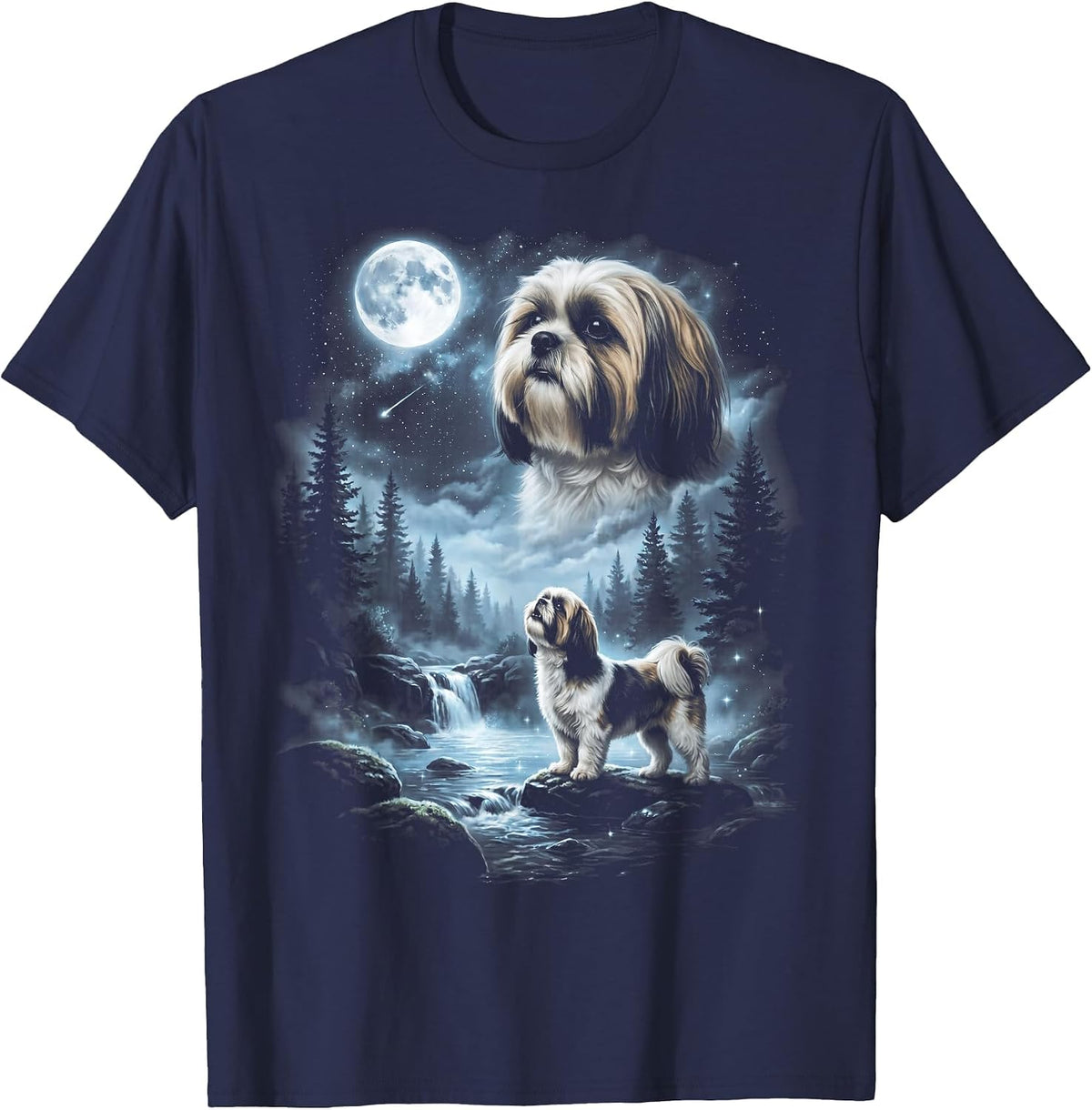 Shih Tzu Howling to the Moon Retro 90's Dog T-Shirt - Navy Blue