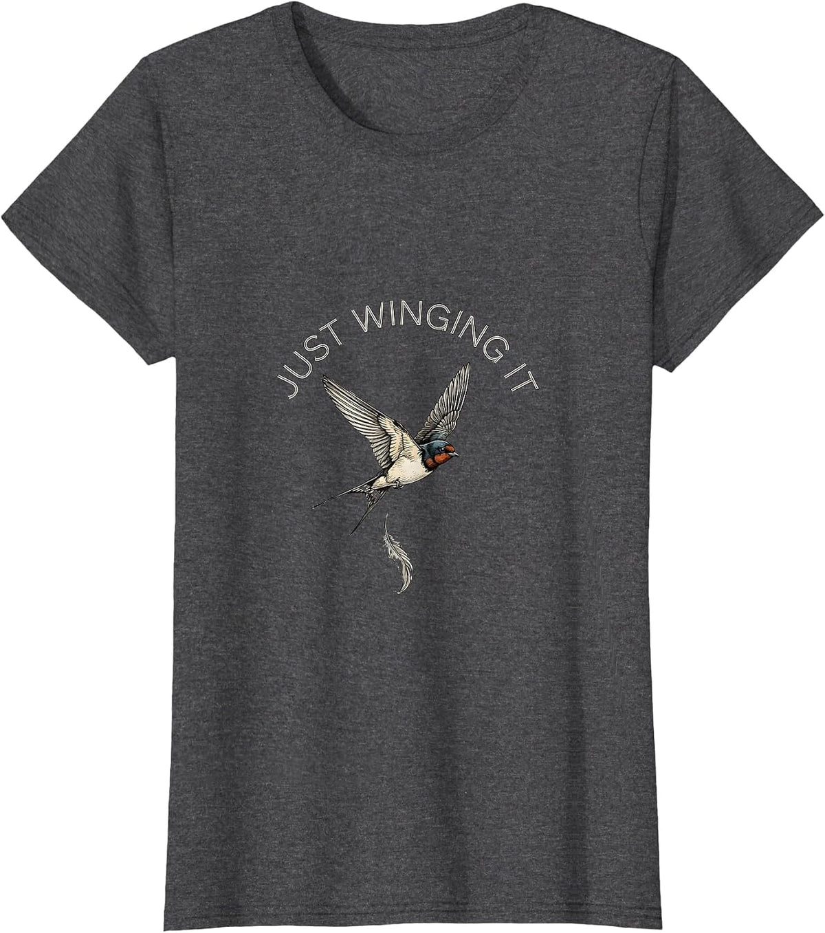 Women's Just Winging It Funny Bird Graphic Design T-Shirt - Dark Heather Grey