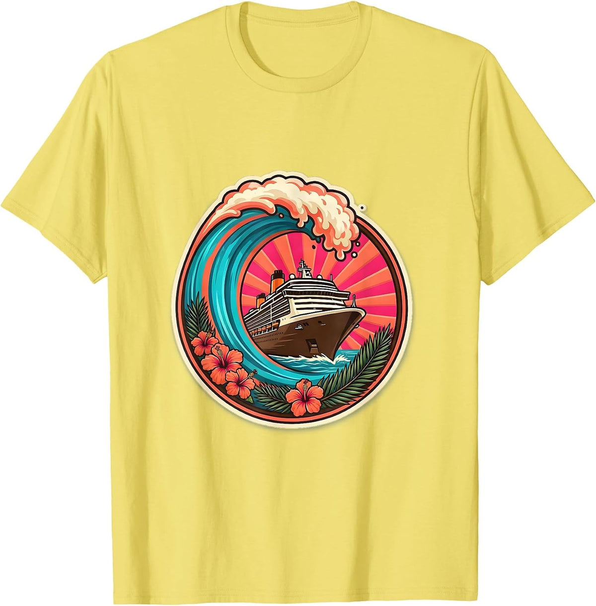 Men's Family Cruise Giant Wave Curling Ship Bow Graphic T-Shirt - Lemon Yellow