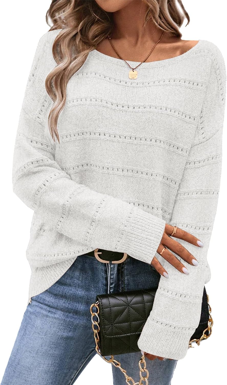Women's Sweater Soft Boat Neck Long Sleeve Oversized Sweaters Crochet Pullover Knit Tops - White