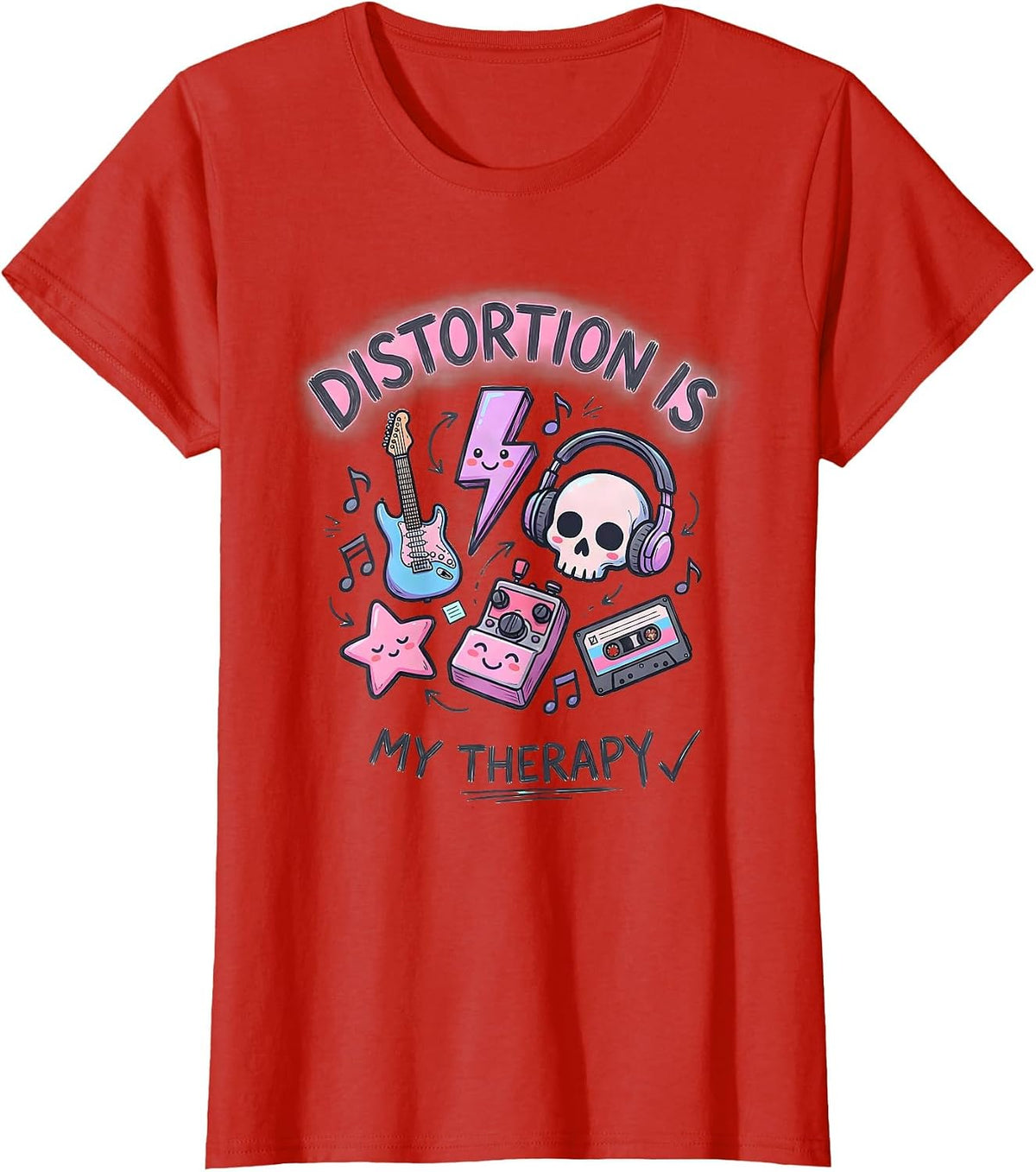 Women's Distortion Is My Therapy Metal Band Design T-Shirt - Red