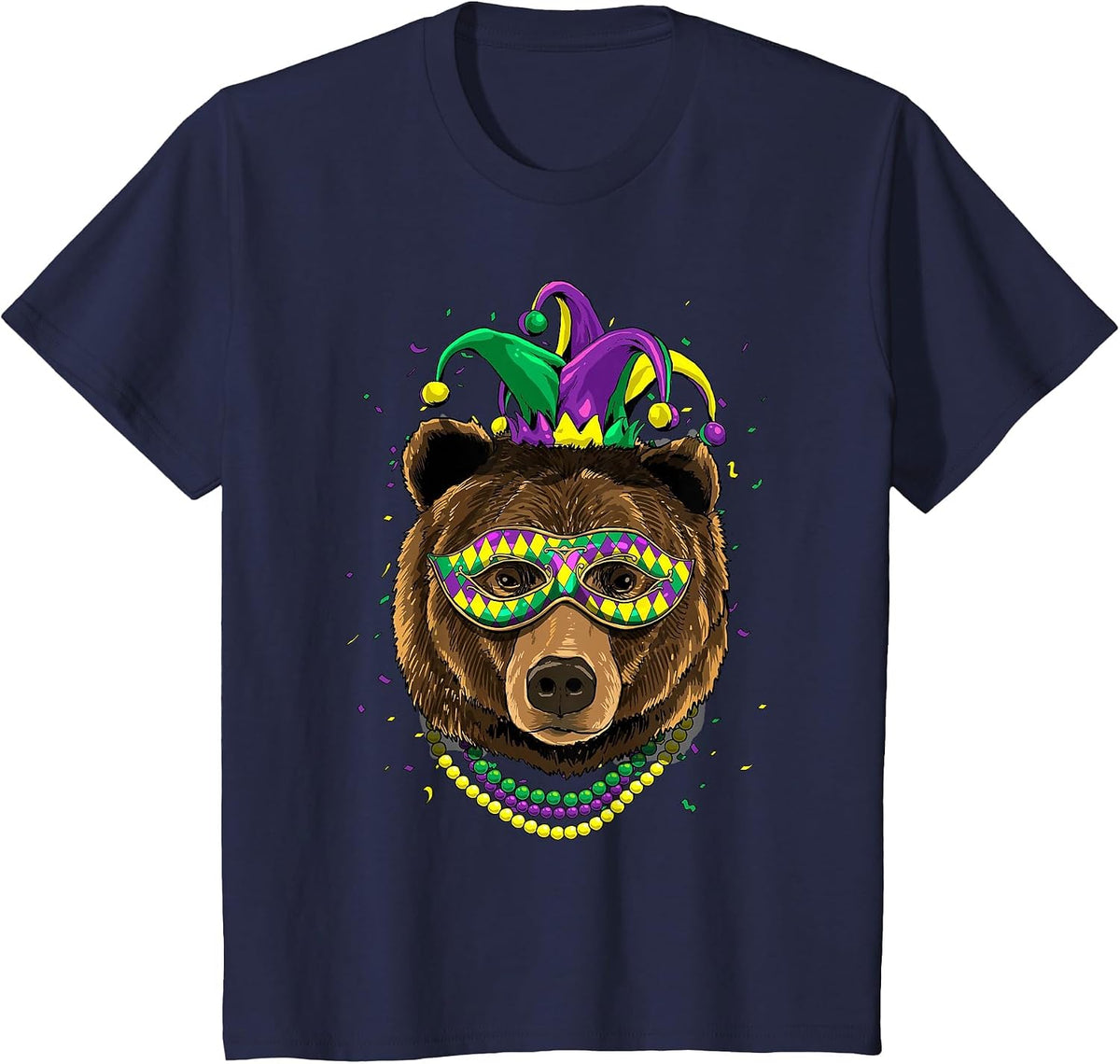 Bear Animal Lover Cute Mardi Gras Carnival Jester T-Shirt, Youth, Navy Blue, Medium - As Pictured