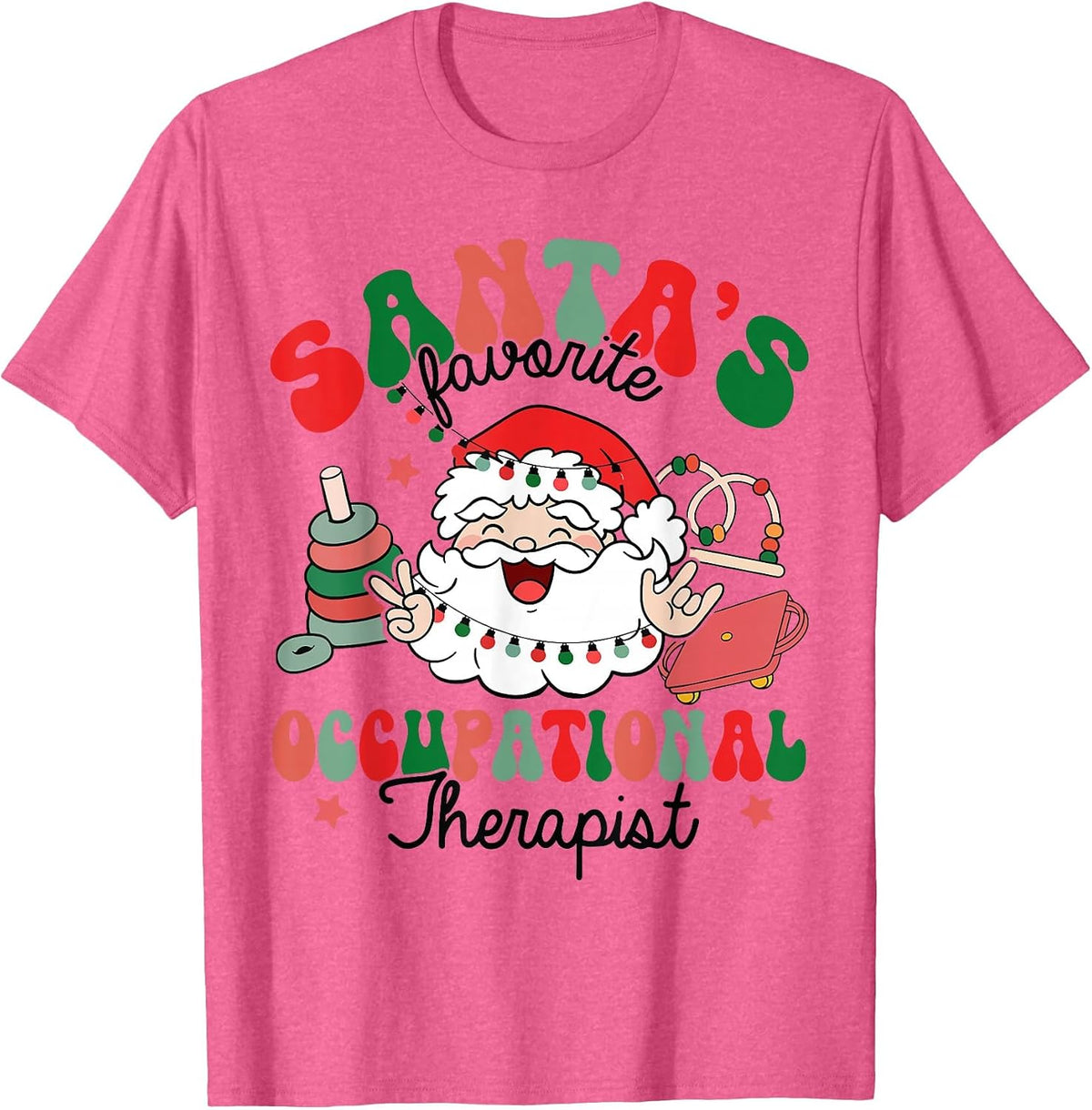 Santa's Favorite Occupational Therapist Christmas Therapy T-Shirt - Pink Heather