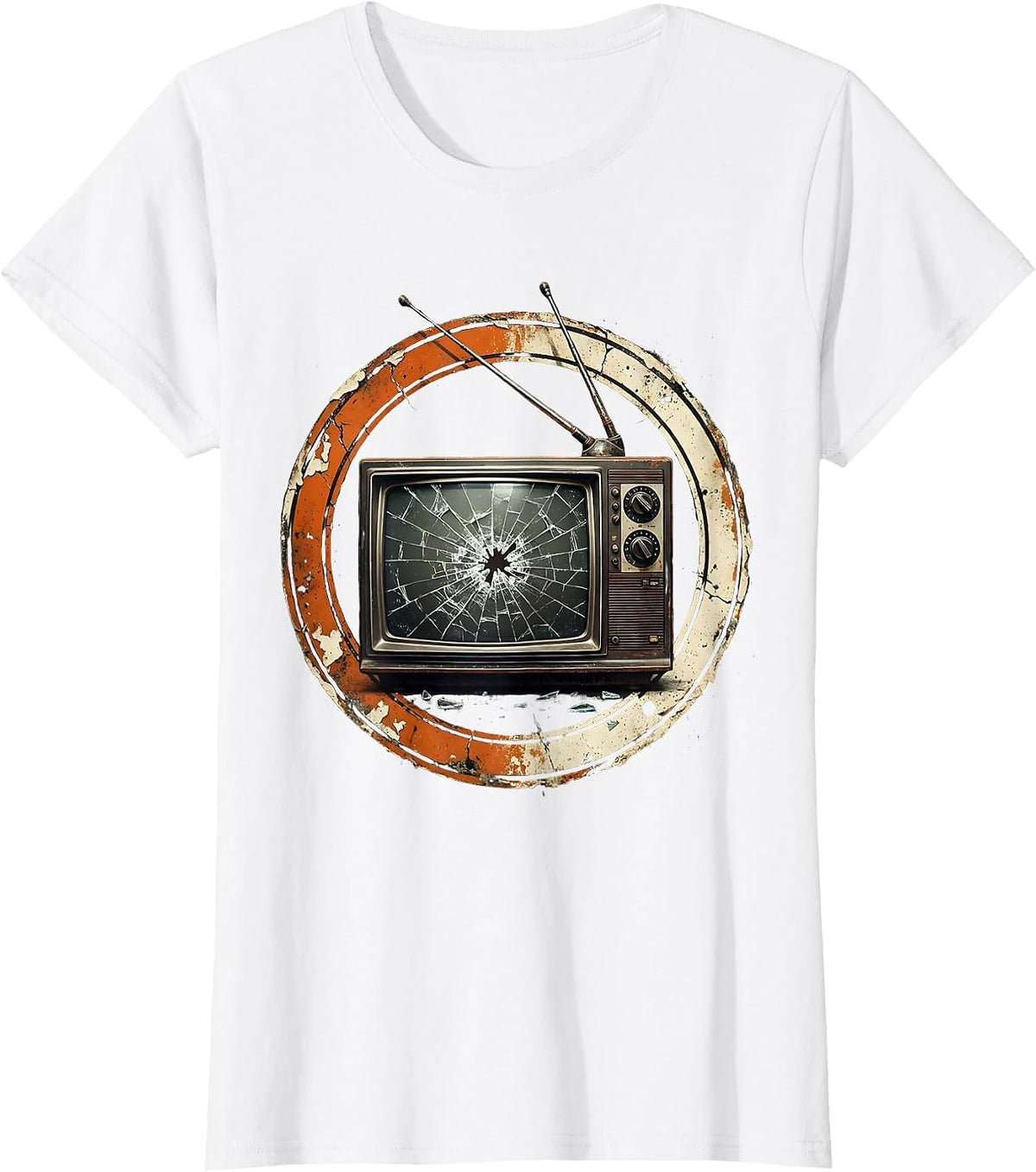 Vintage Smashed TV Grunge Retro Art Design T-Shirt - White