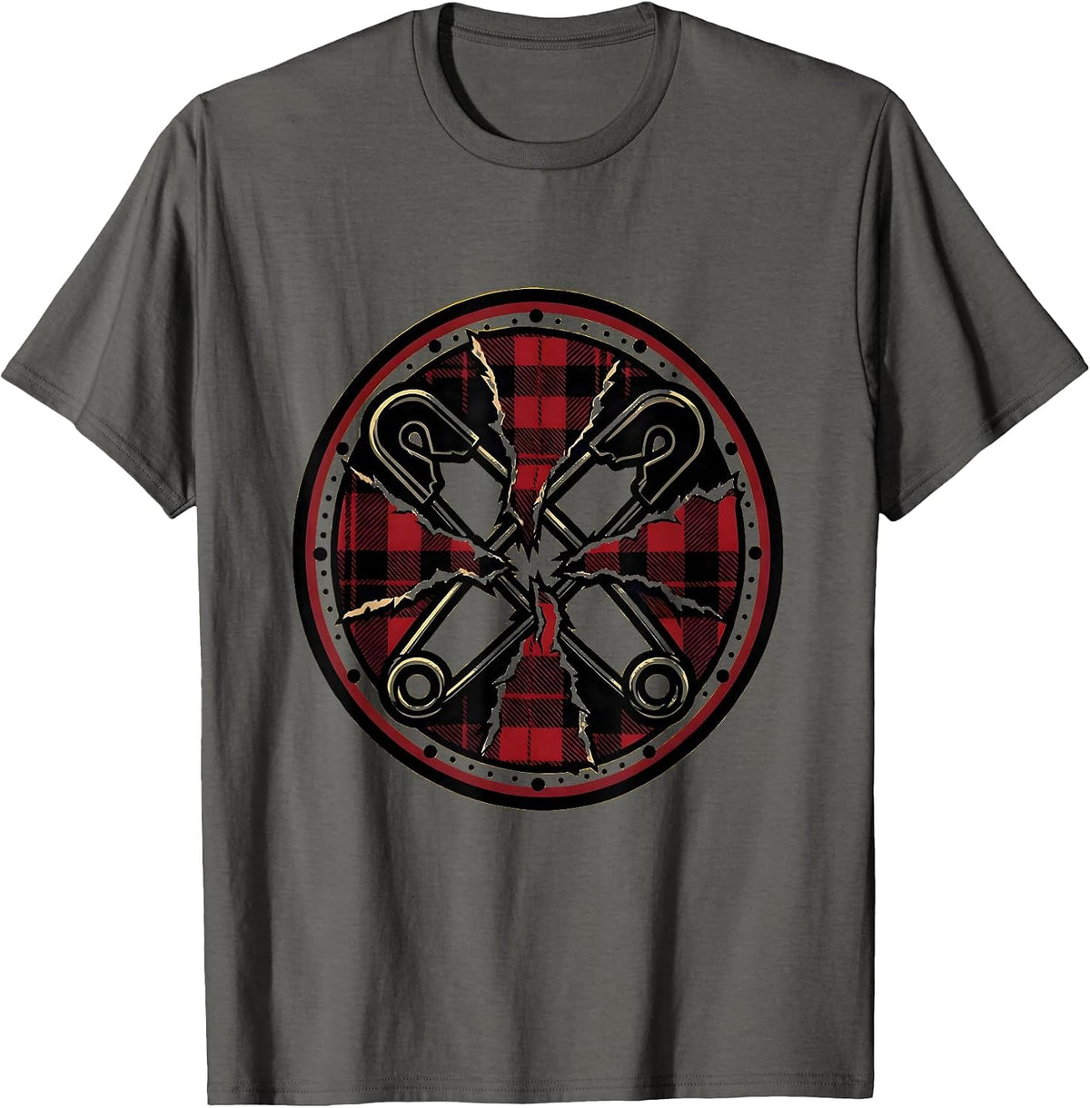 Punk Safety Pin Torn Fabric Graphic Tee T-Shirt - Asphalt Grey