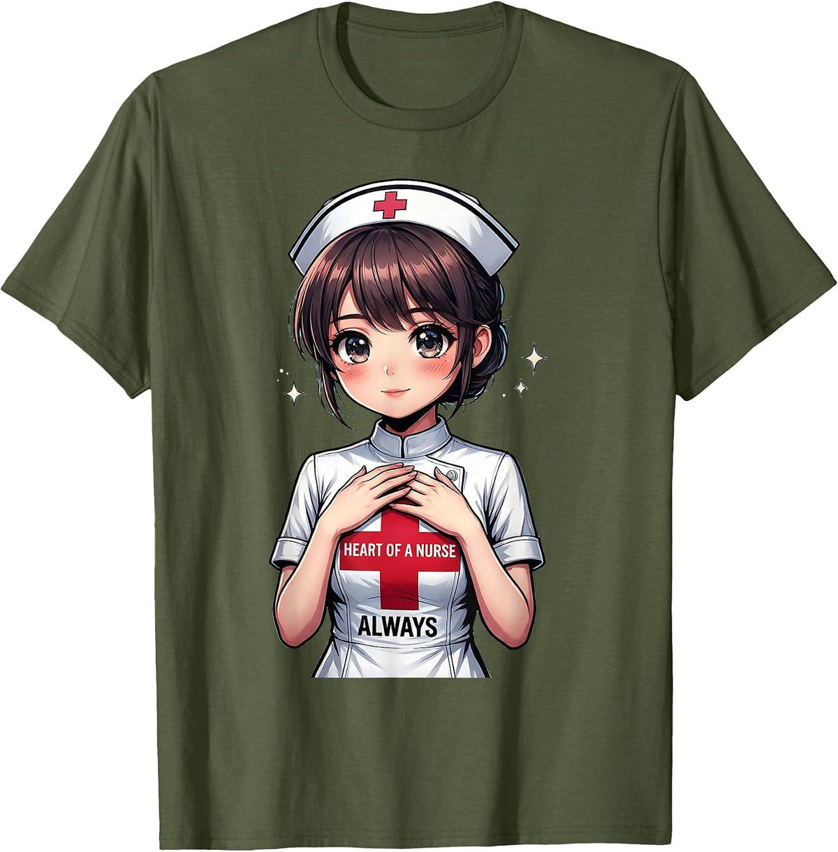 Heart of a Nurse Always School Nurse Design T-Shirt - Olive Green