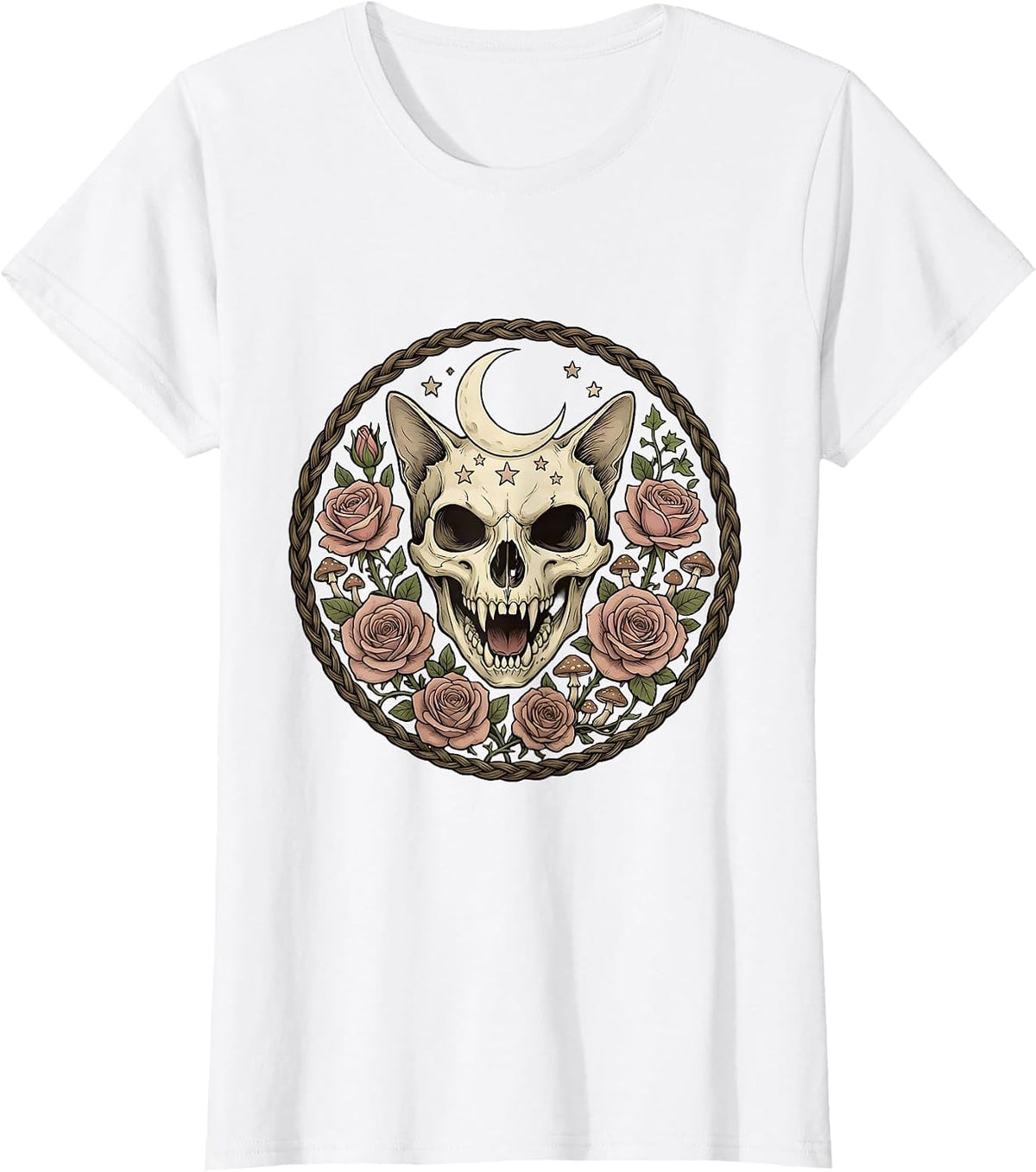 Women's Snarling Cat Skull With Roses Gothic Art T-Shirt - White