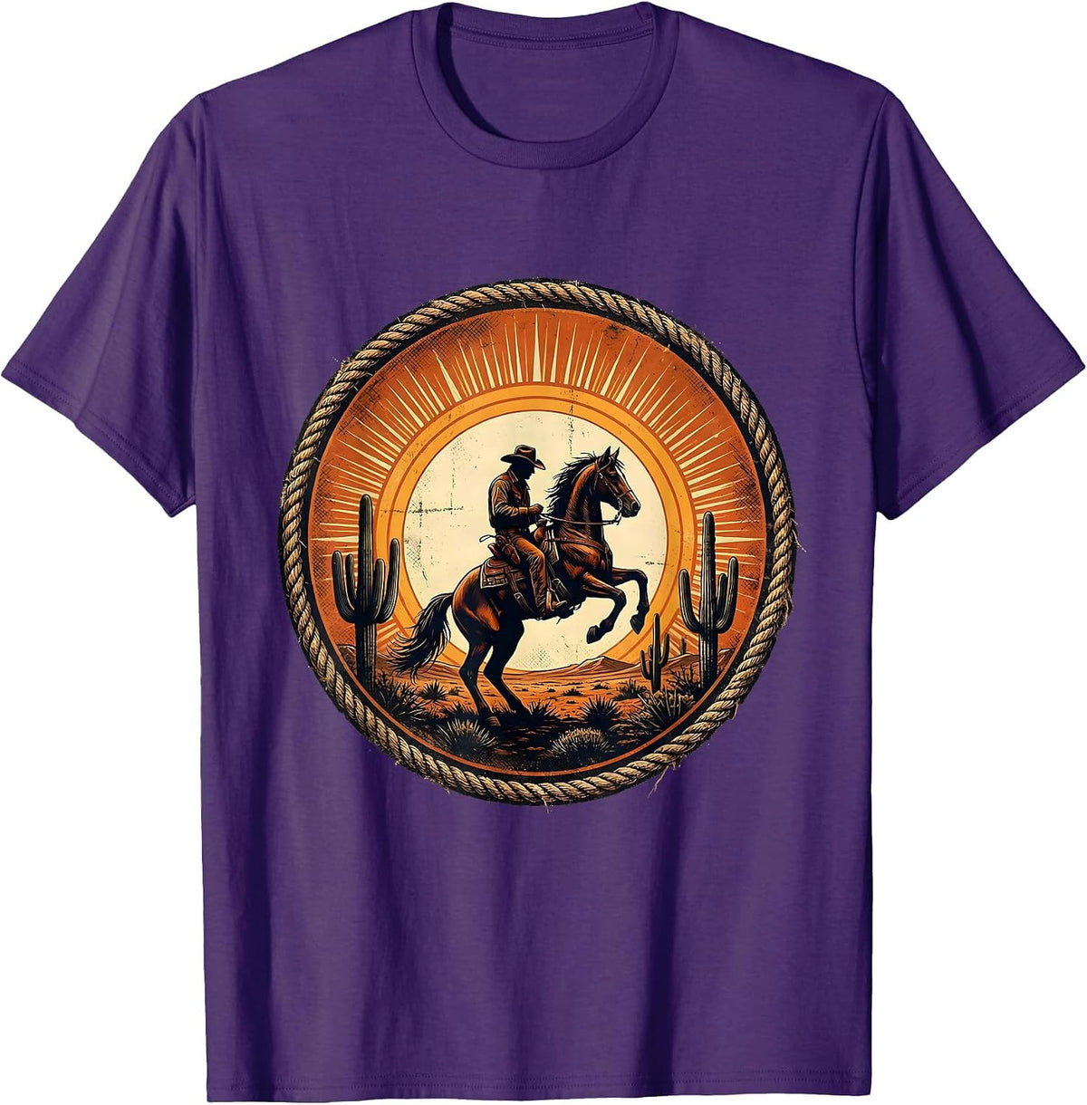 Men's Cowboy Silhouette Riding Horse at Sunset T-Shirt - Purple