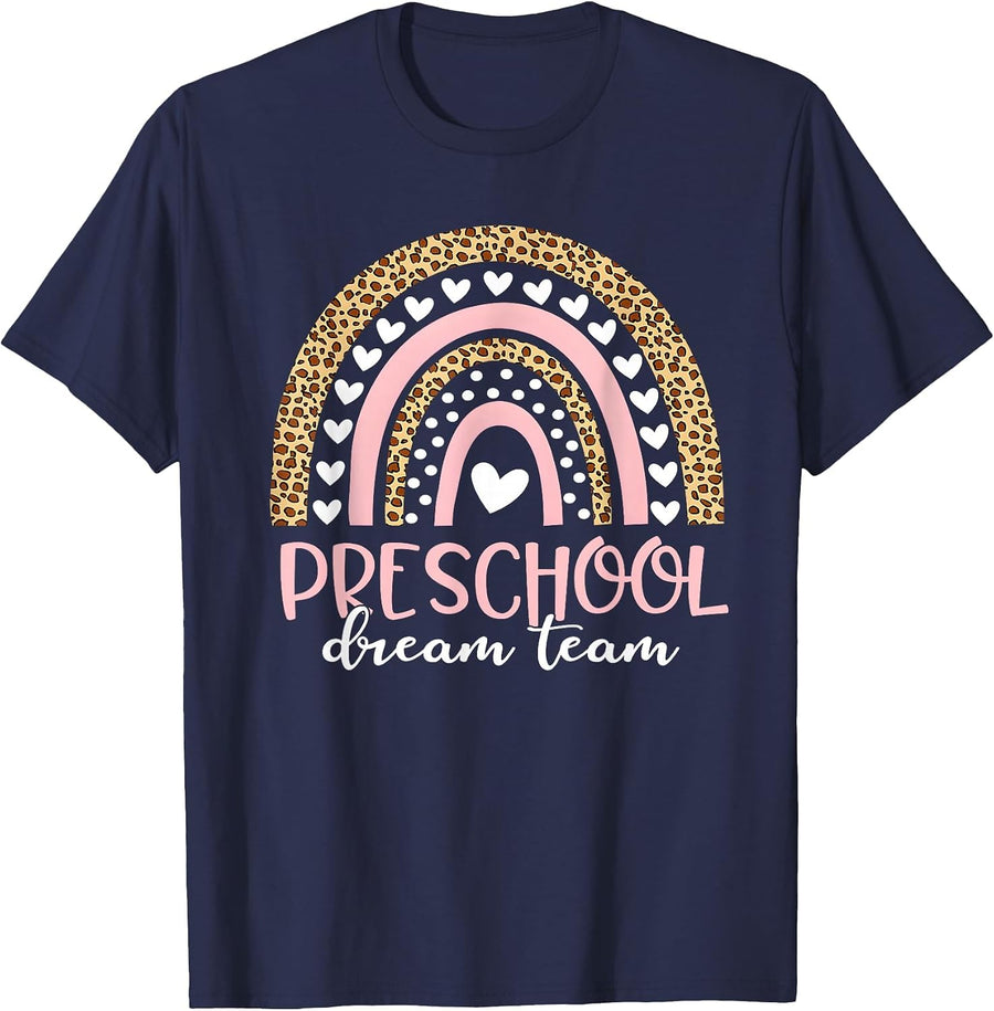 Preschool Dream Team Rainbow Teacher Squad Back to School T-Shirt - Navy Blue