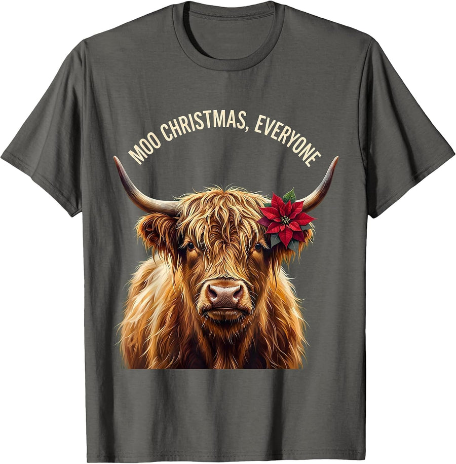 Moo Christmas, Everyone Funny Highland Cow Lover Holiday T-Shirt - Asphalt Grey