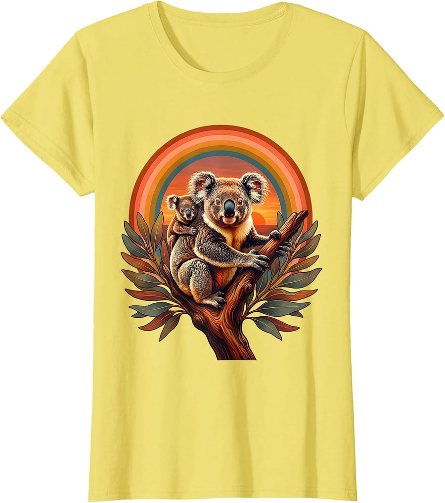Women's Mama Koala and Joey Clinging to Branch T-Shirt - Lemon Yellow