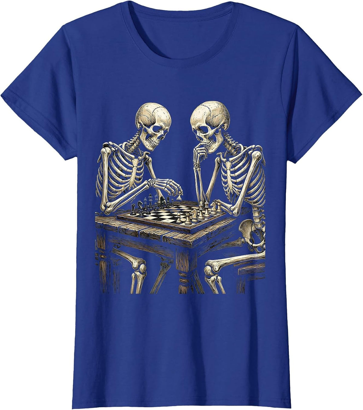 Women's Skeleton Chess Match Funny Halloween Design T-Shirt - Royal Blue