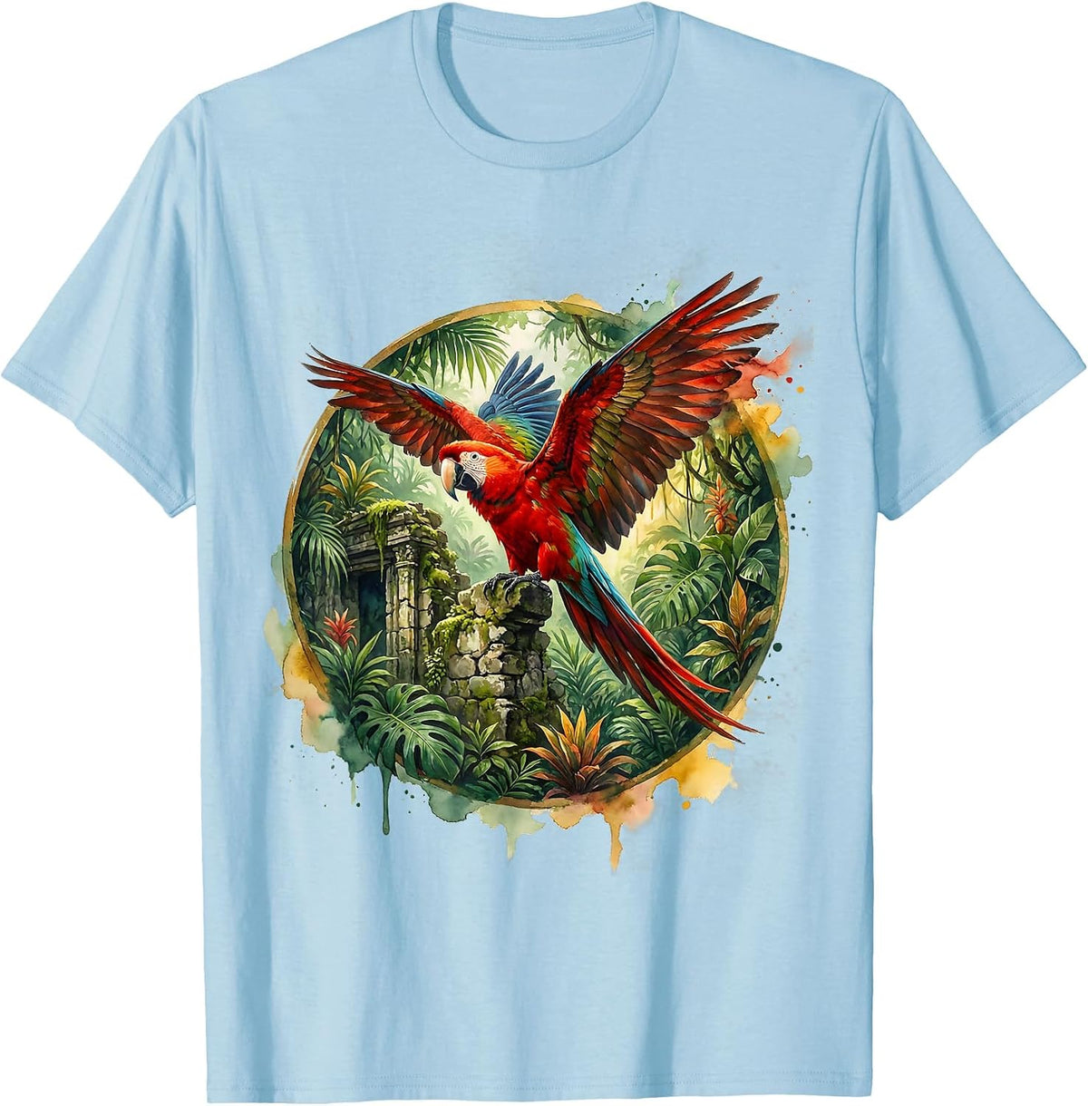 Macaw on Mossy Ruins Hispanic Heritage Month T-Shirt - Baby Blue