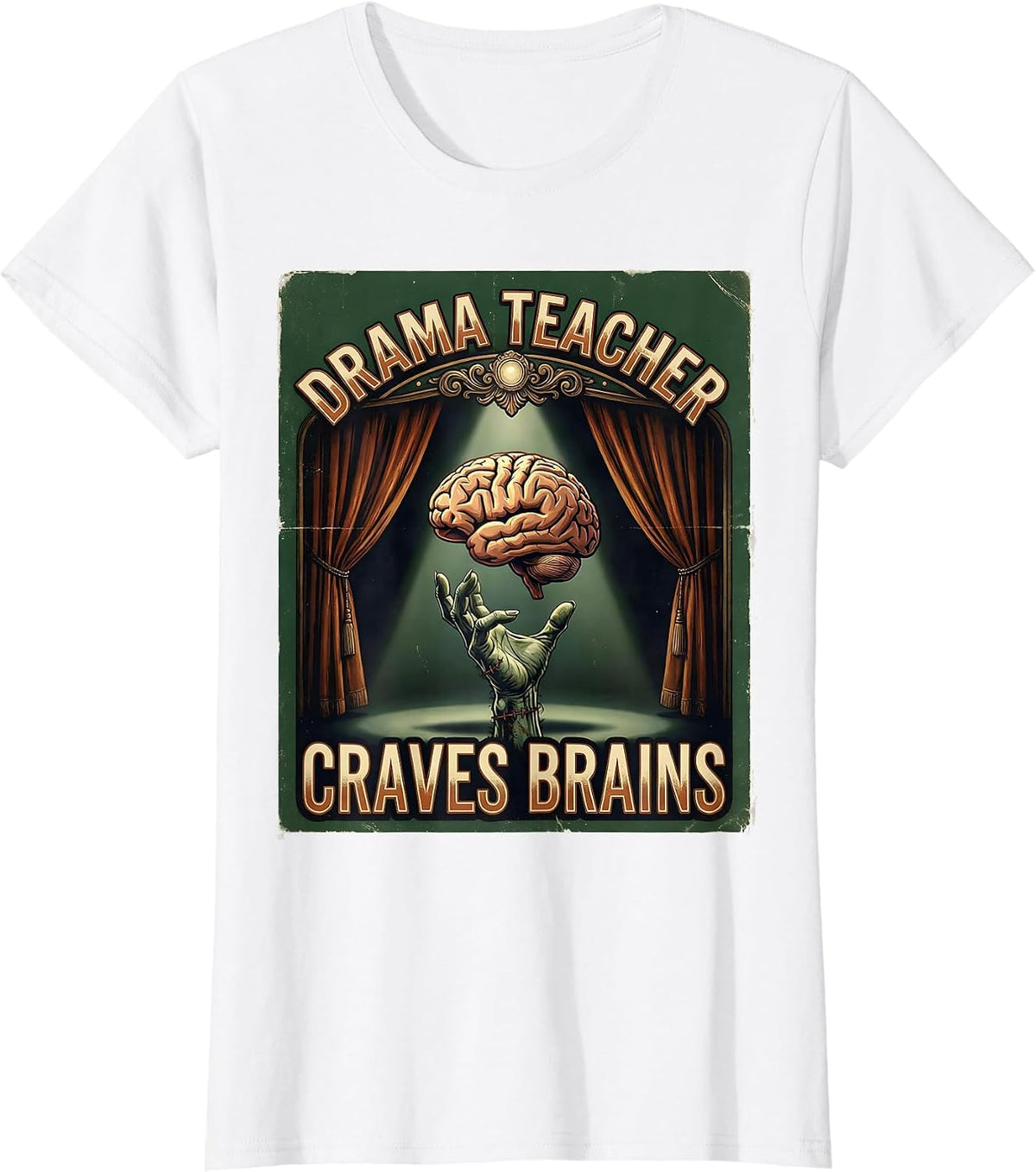 Women's Drama Teacher Craves Brains Vintage Halloween Teacher Zombie T-Shirt - White
