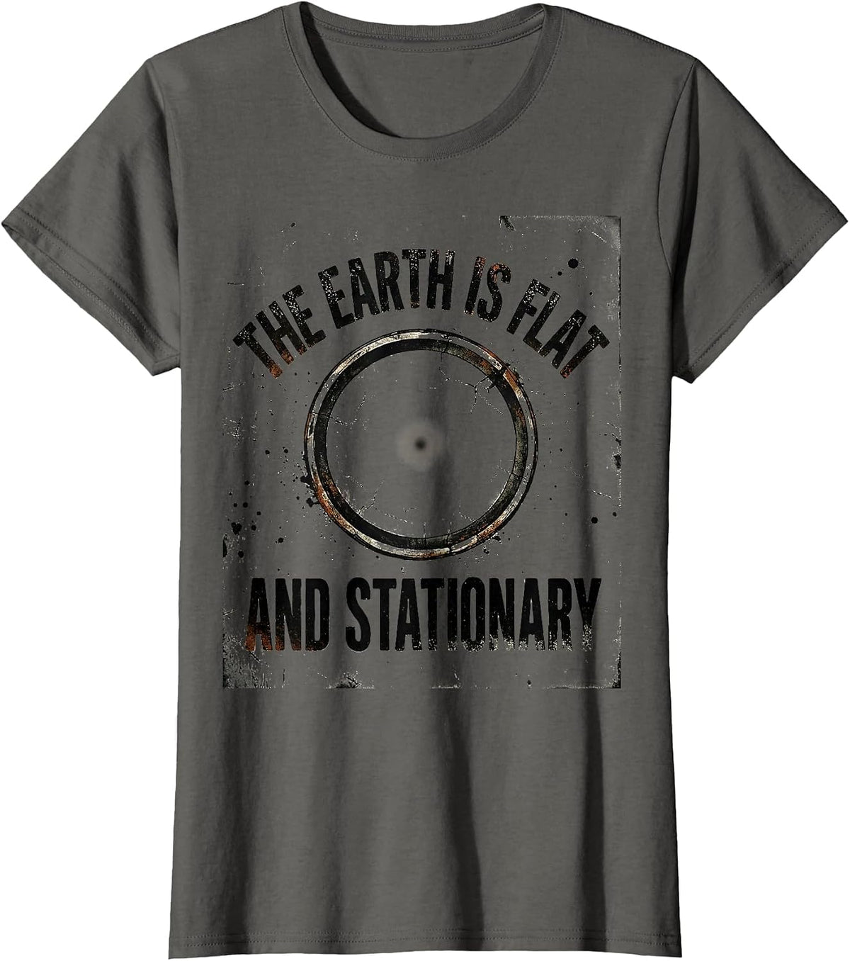 Women's The Earth Is Flat And Stationary Distressed Conspiracy T-Shirt - Asphalt Grey