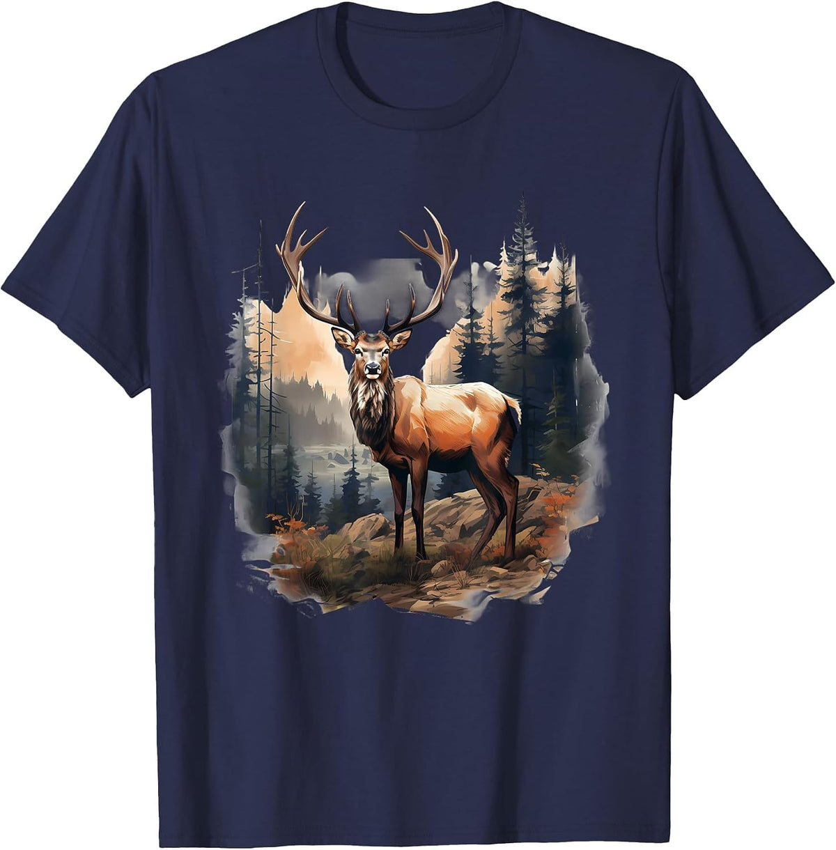 Deer Forest Landscape Wildlife Artwork Nature Animal Lovers T-Shirt - Navy Blue