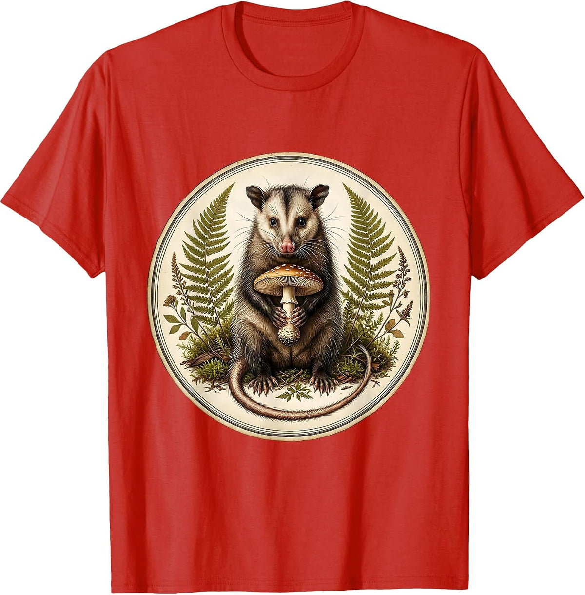 Men's Opossum Holding Mushroom Moonlit Forest Art T-Shirt - Red