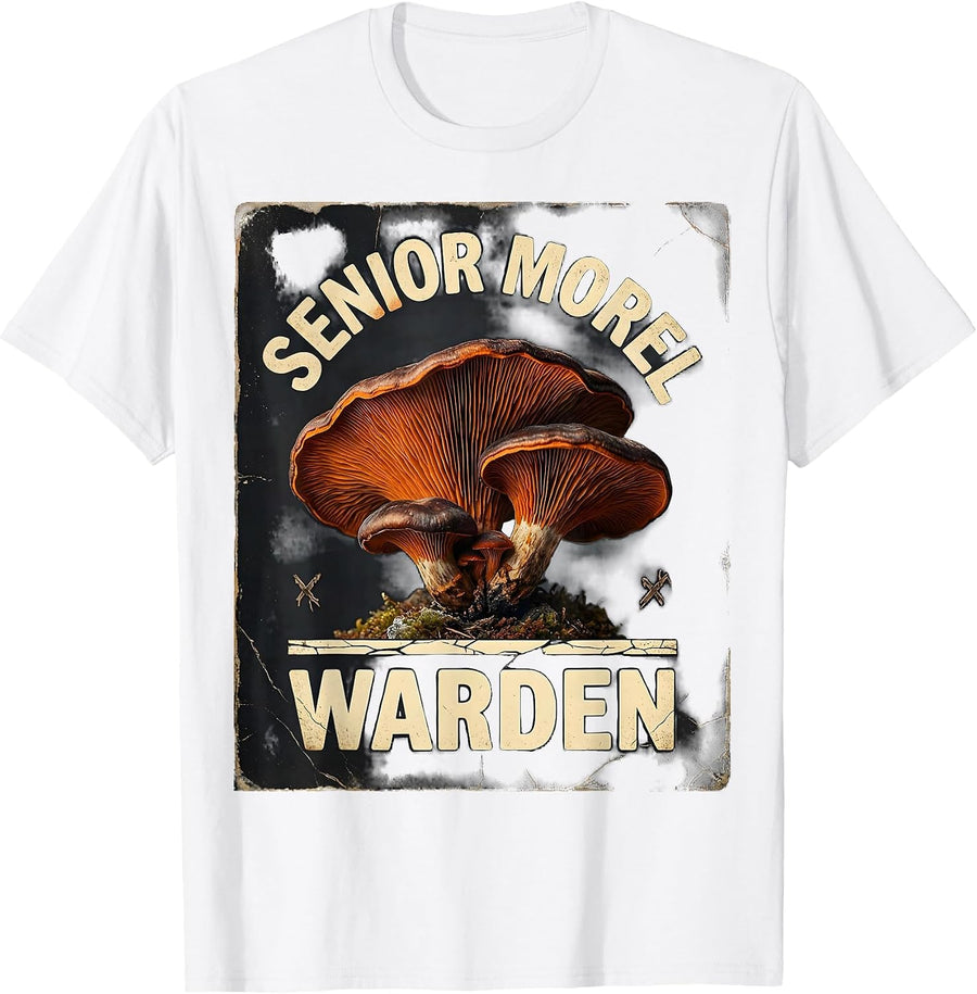 Men's Senior Morel Warden Distressed Mushroom Forager Mycology T-Shirt - White