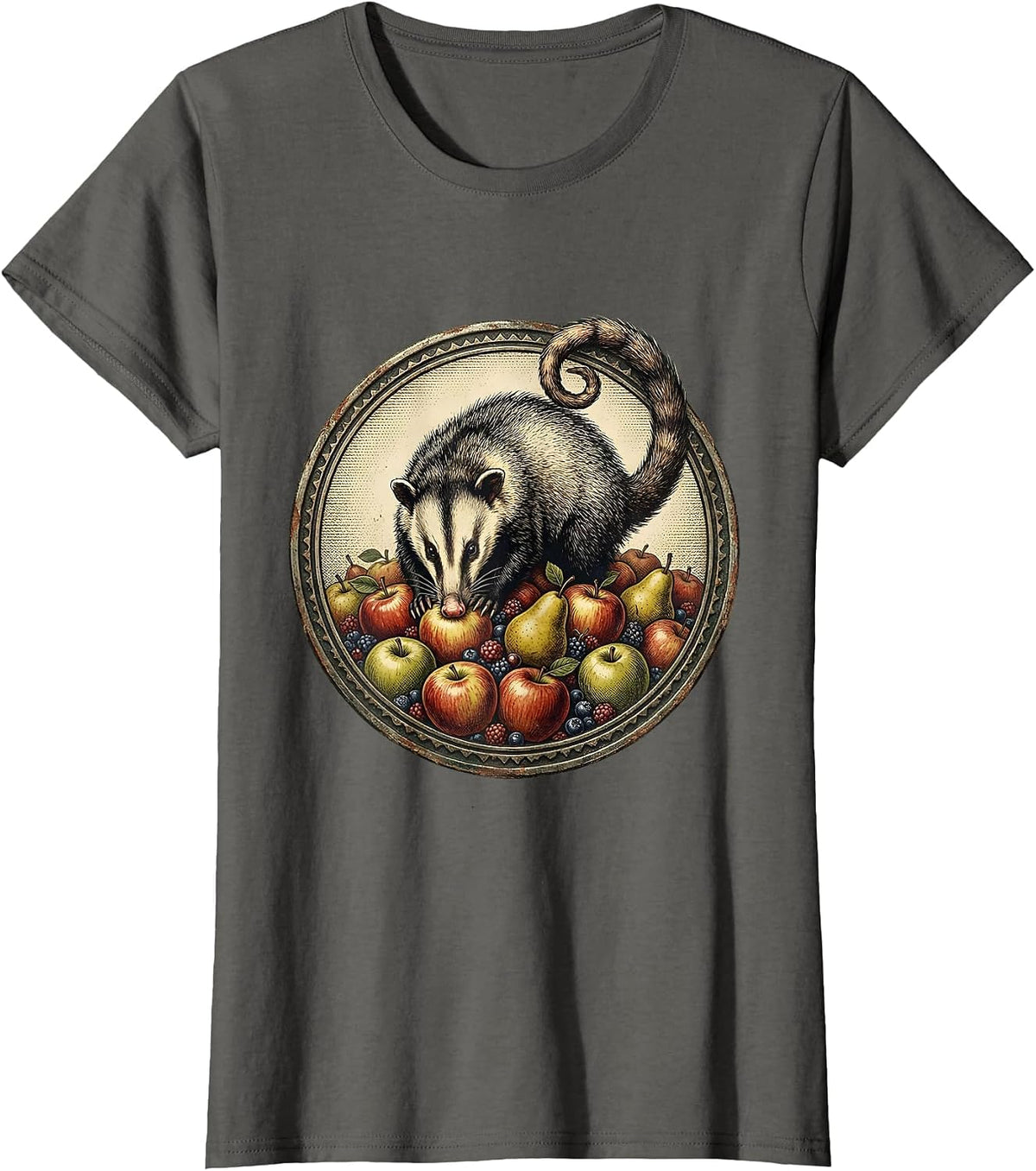 Women's Opossum Fruit Raid Funny Wildlife Graphic T-Shirt - Asphalt Grey