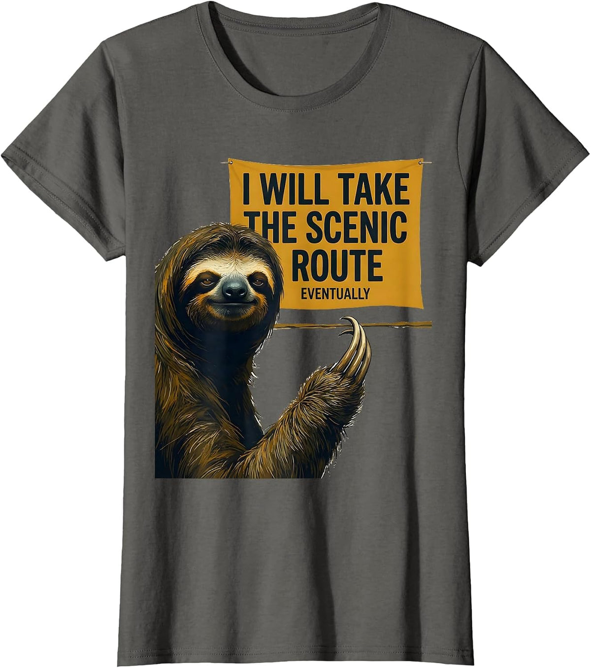 Women's I Will Take The Scenic Route, Eventually Funny Sloth Lover T-Shirt - Asphalt Grey