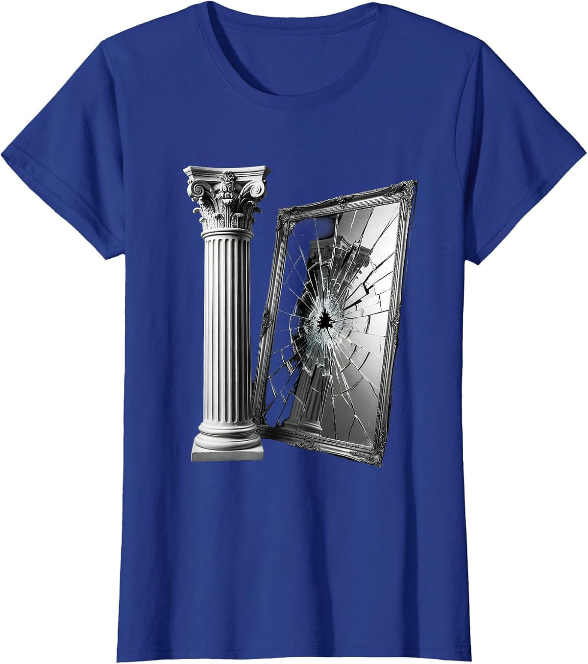 Women's Ancient Greek Column Cracked Mirror Illustration T-Shirt - Royal Blue