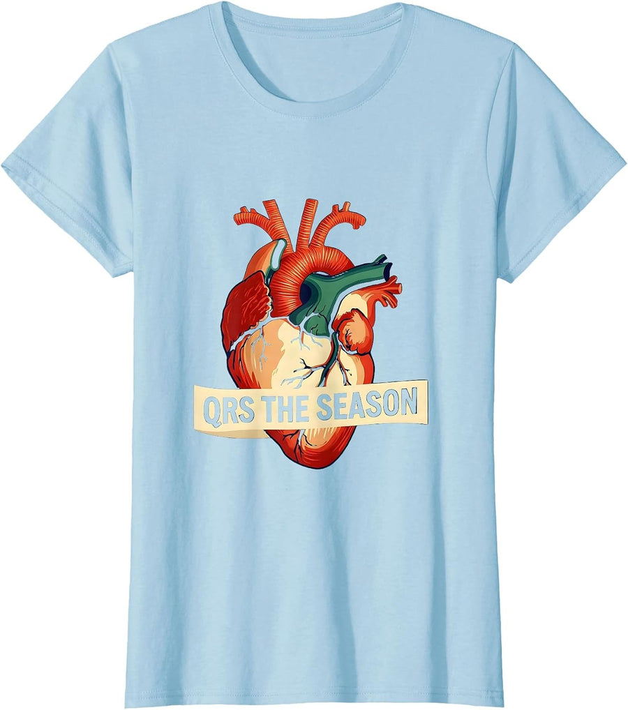 Women's QRS the Season Funny Cardiac Nurse Christmas Heart Anatomy T-Shirt - Baby Blue