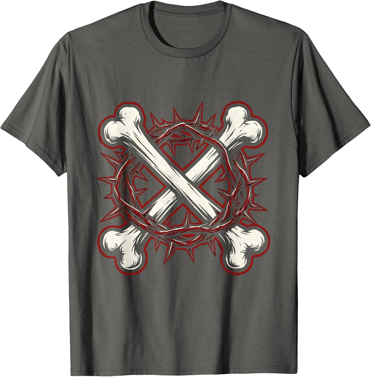 Crossed Bones Crown of Thorns Heavy Metal Graphic T-Shirt - Asphalt Grey