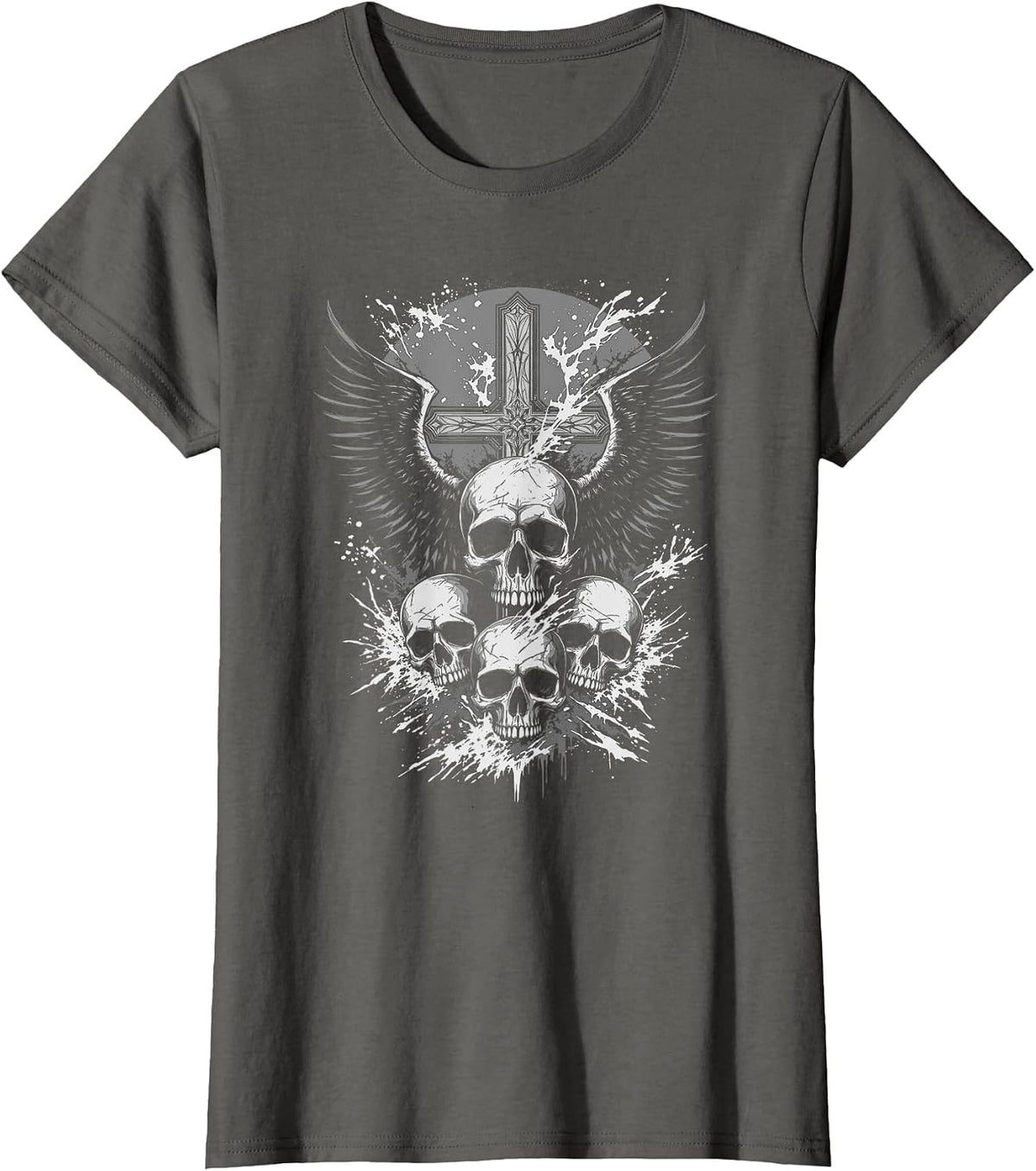 Gothic Skull Cross Art Wings Grunge Punk Y2K Emo Aesthetic T-Shirt - Asphalt Grey