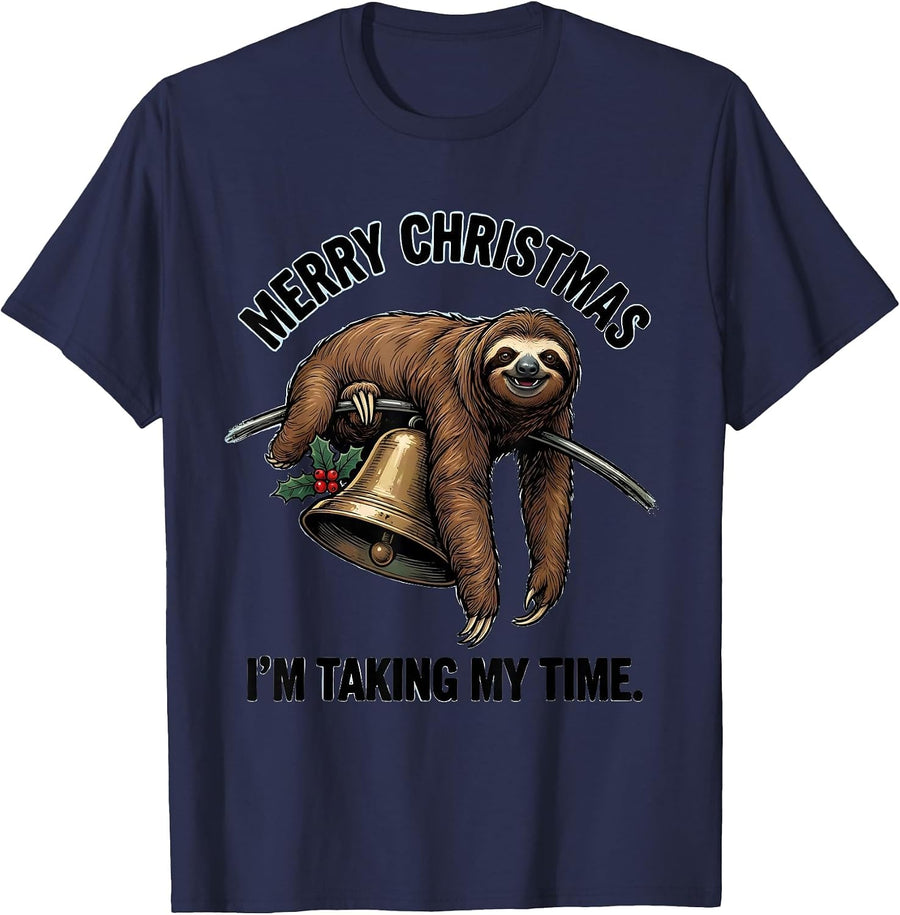 Merry Christmas, I'm Taking My Time Funny Sloth Lover Gift T-Shirt - Navy Blue