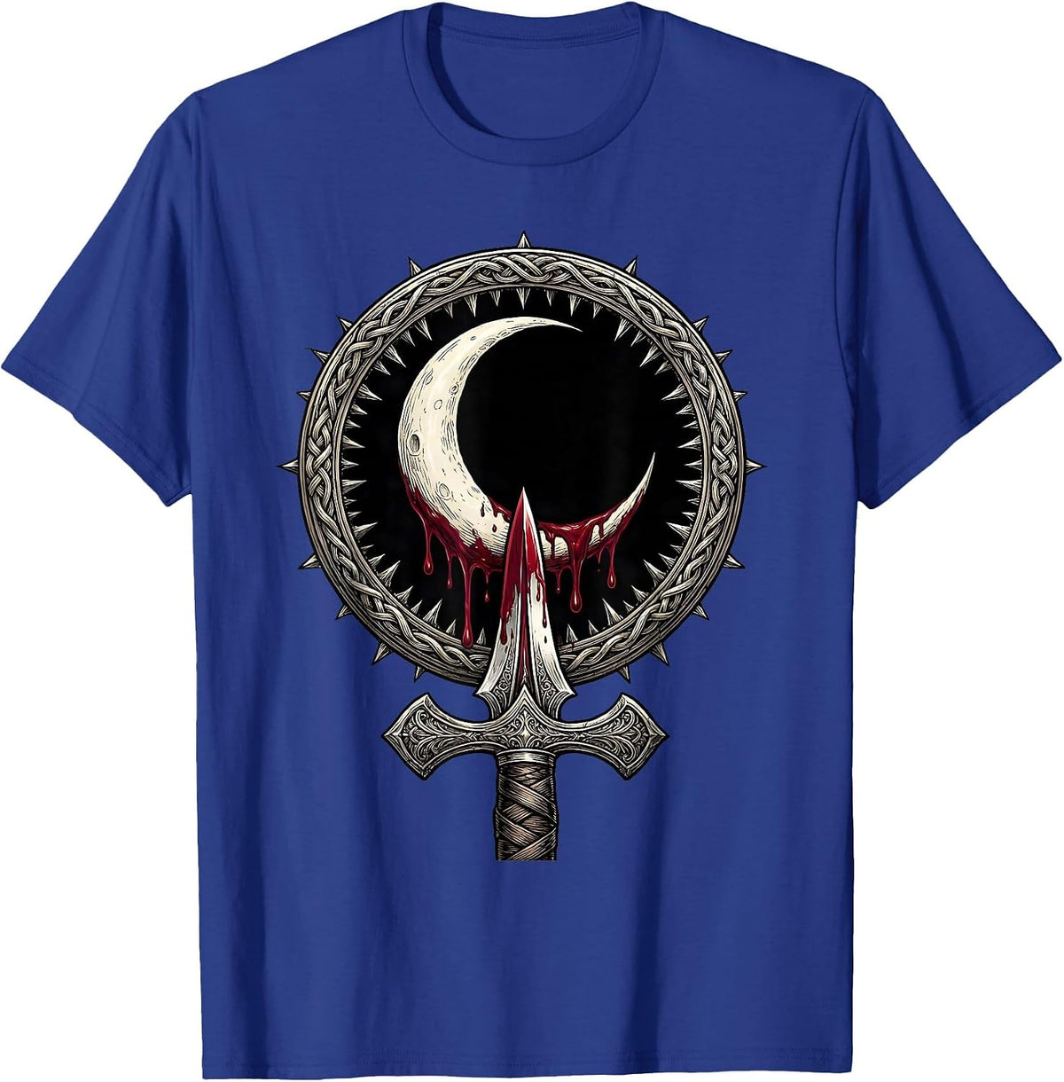 Men's Crescent Moon Blood Dagger Dark Heavy Metal Art T-Shirt - Royal Blue