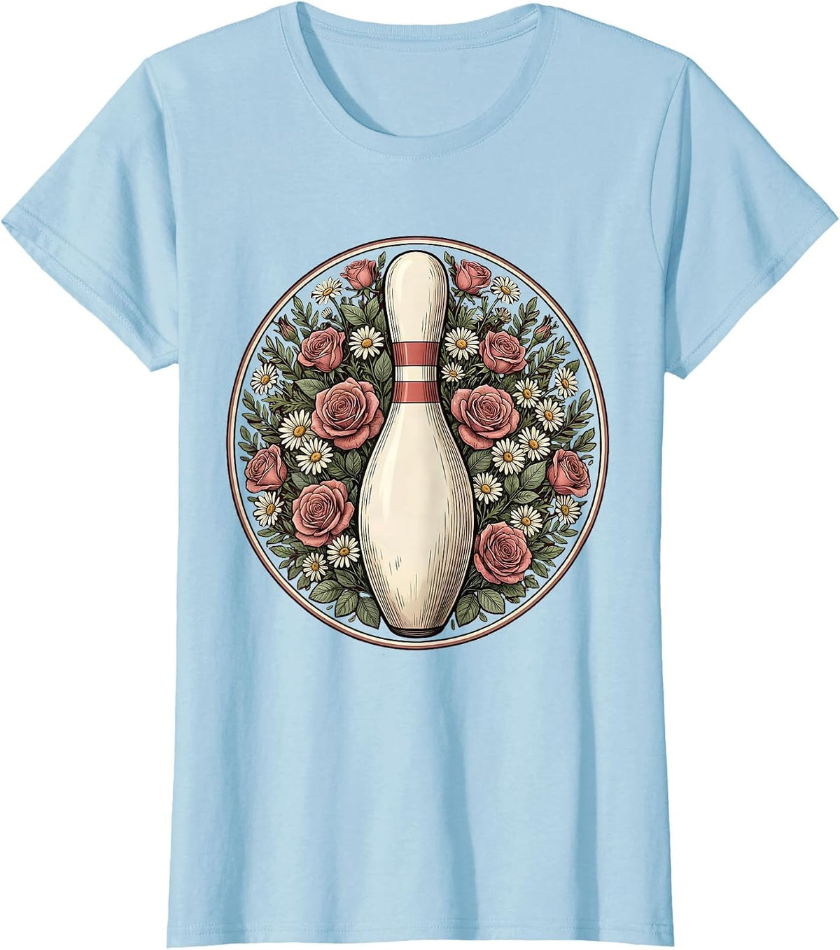 Floral Wreath Bowling Pin Illustration T-Shirt - Baby Blue